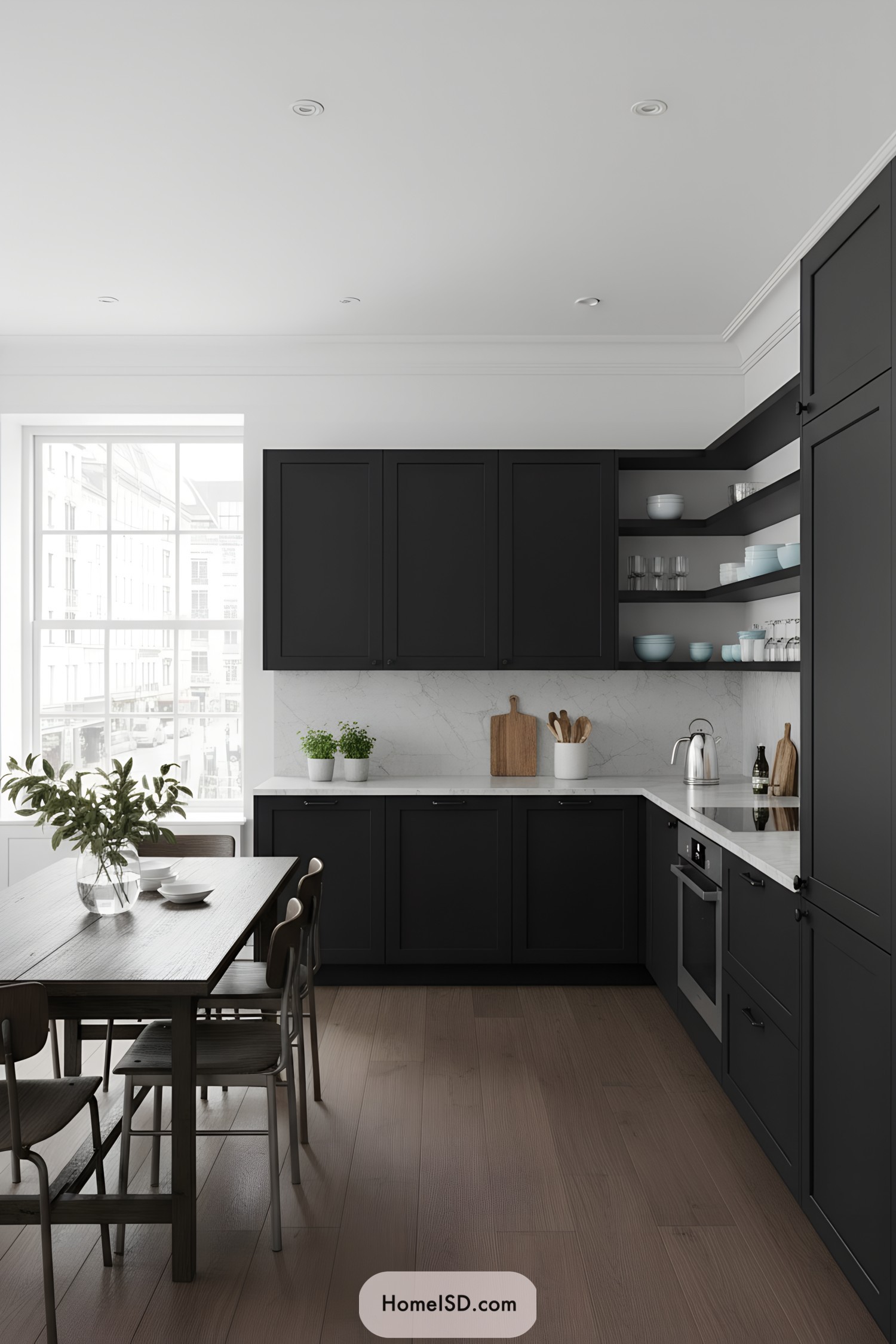 Black kitchen with marble backsplash and open shelves