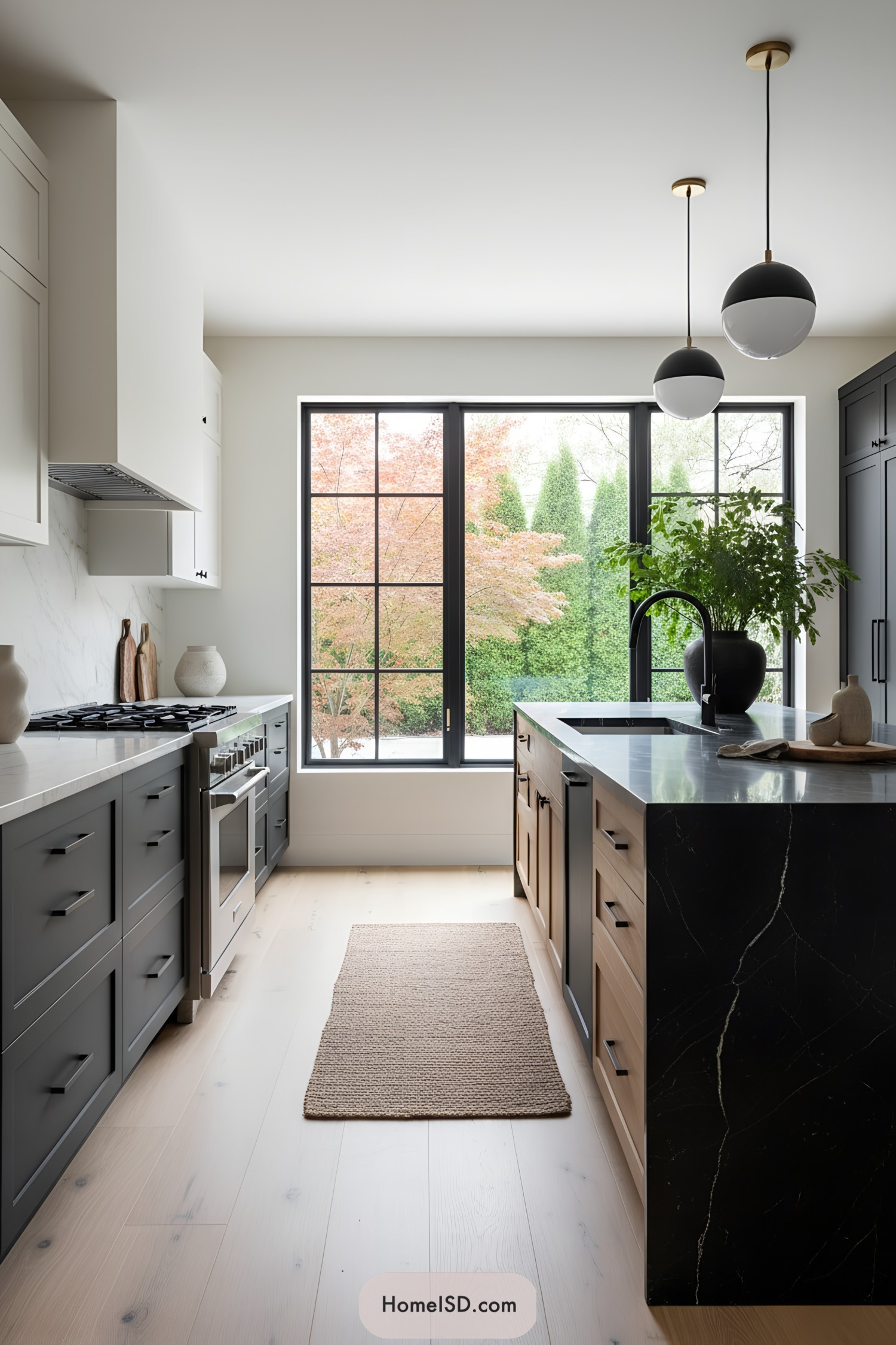 Black cabinets and hardware with wood accents