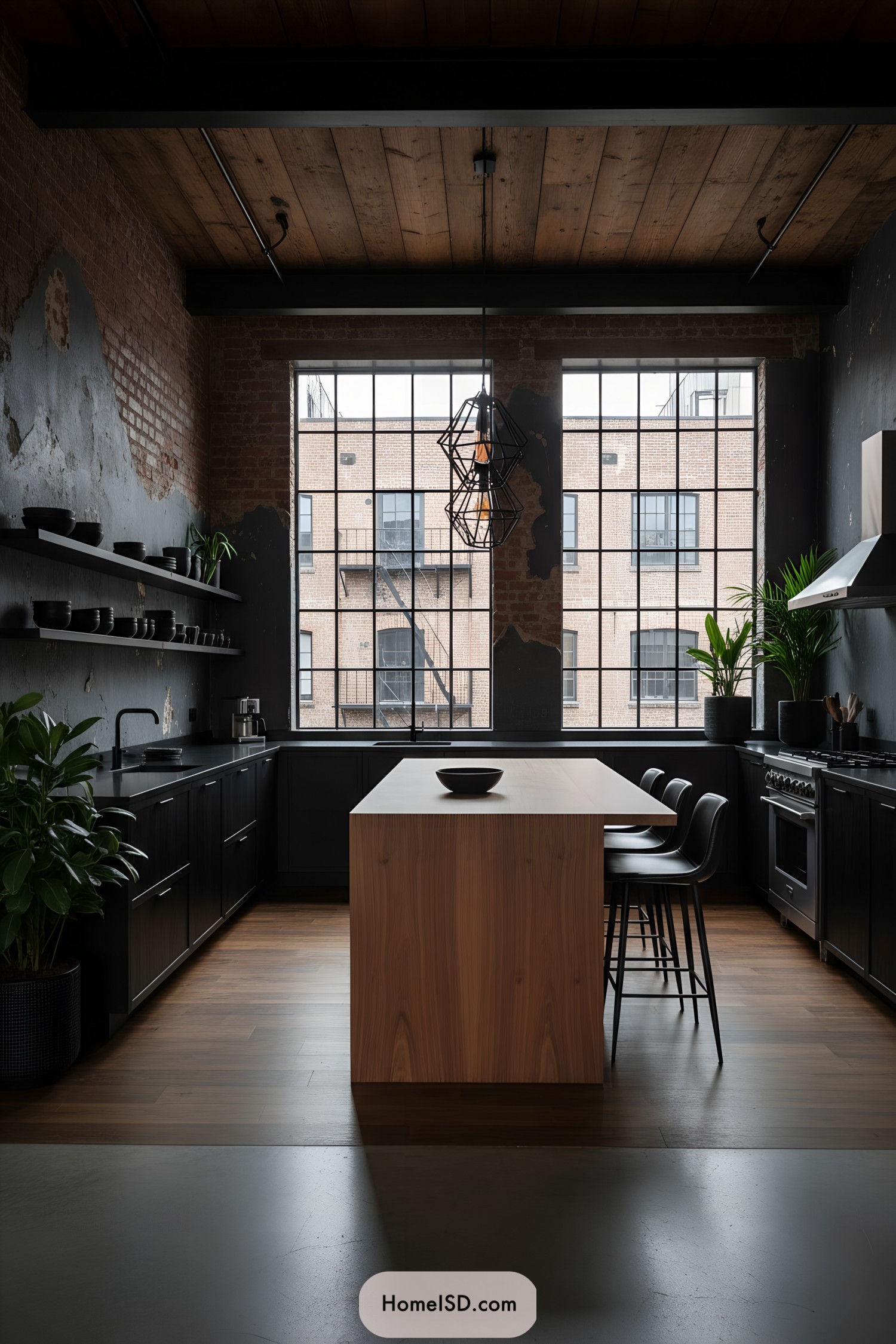 Black-cabinet loft kitchen with wood island