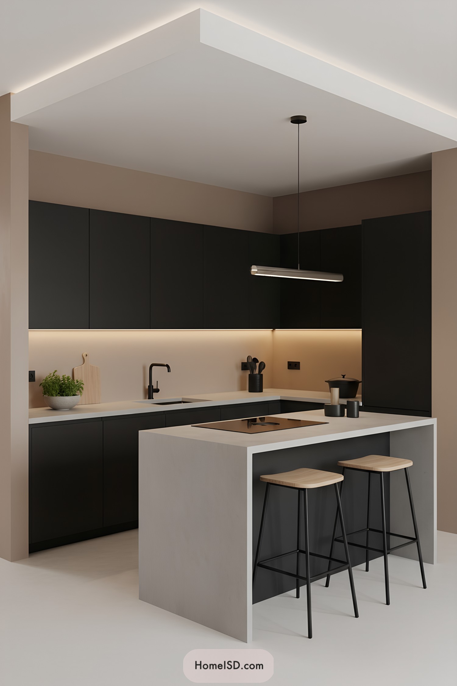 Black cabinets with matte hardware and taupe walls, minimal island with light countertop and two stools