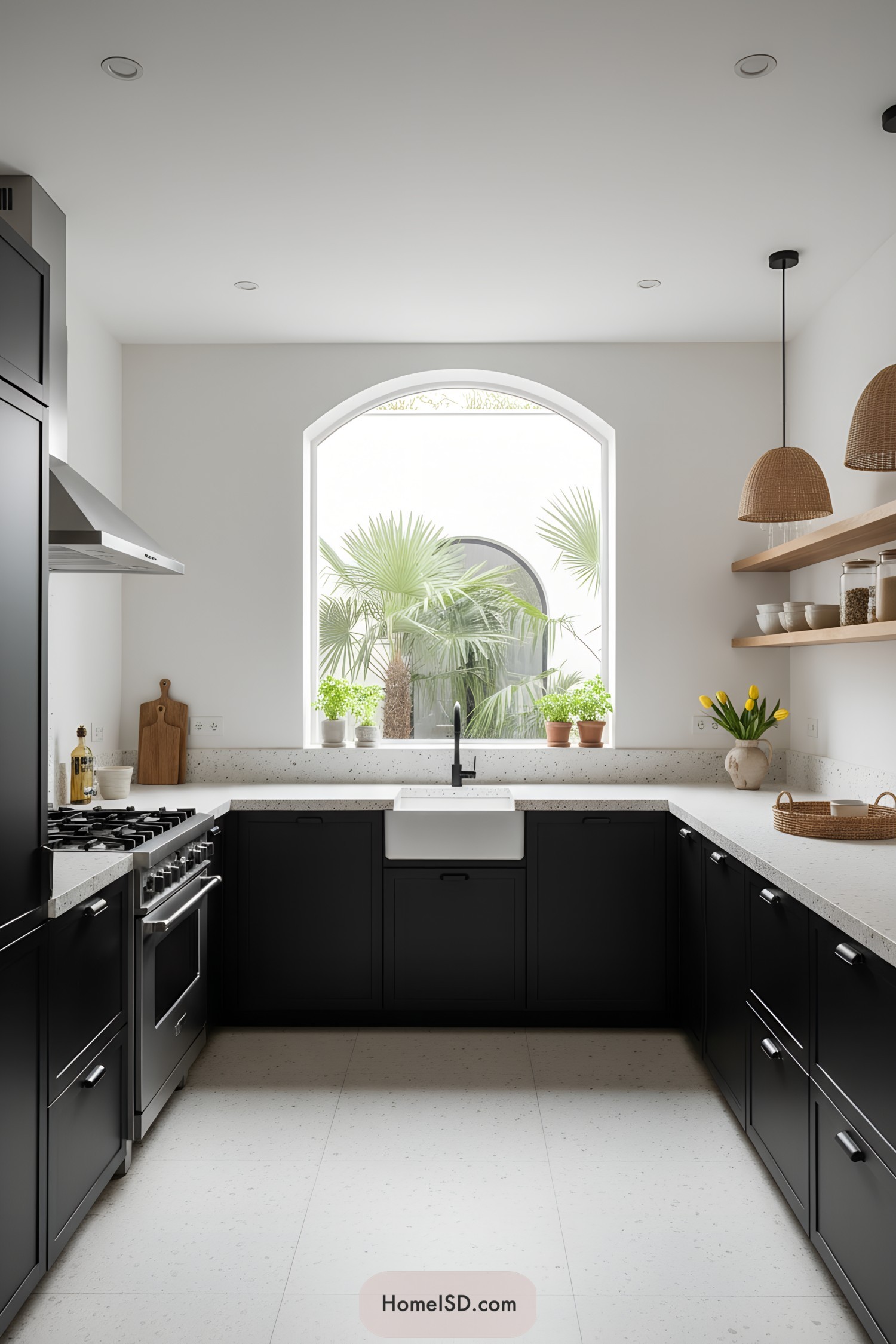 Black cabinets with arched window and rattan pendants
