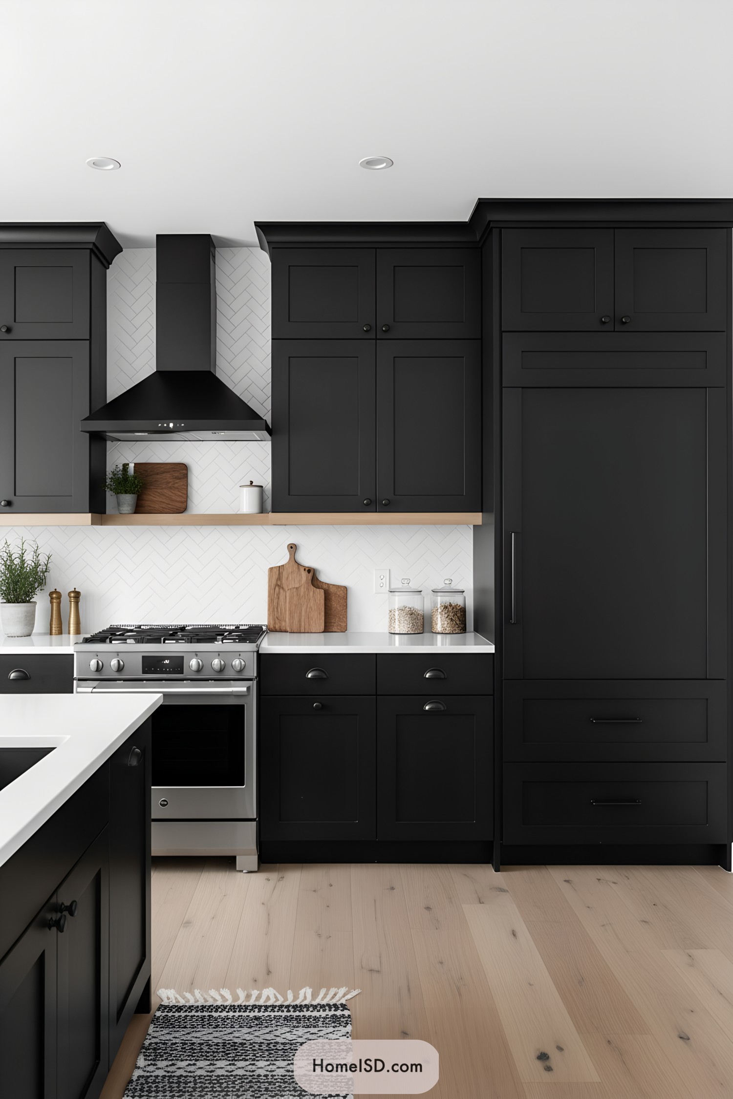 Black shaker cabinets with black hardware, white herringbone backsplash, light wood floors