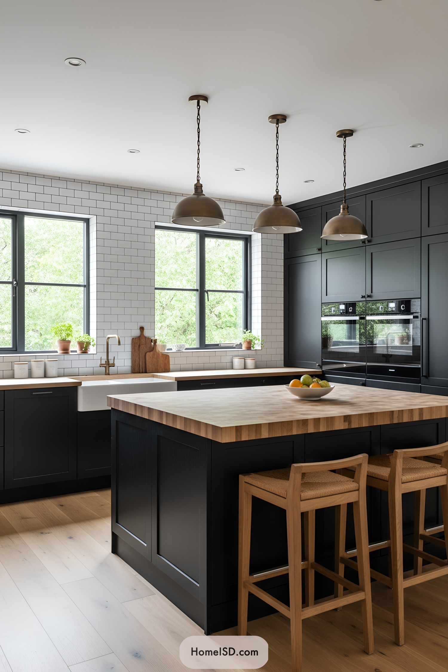 Black shaker kitchen with butcher-block island, white subway tile, and bronze pendants