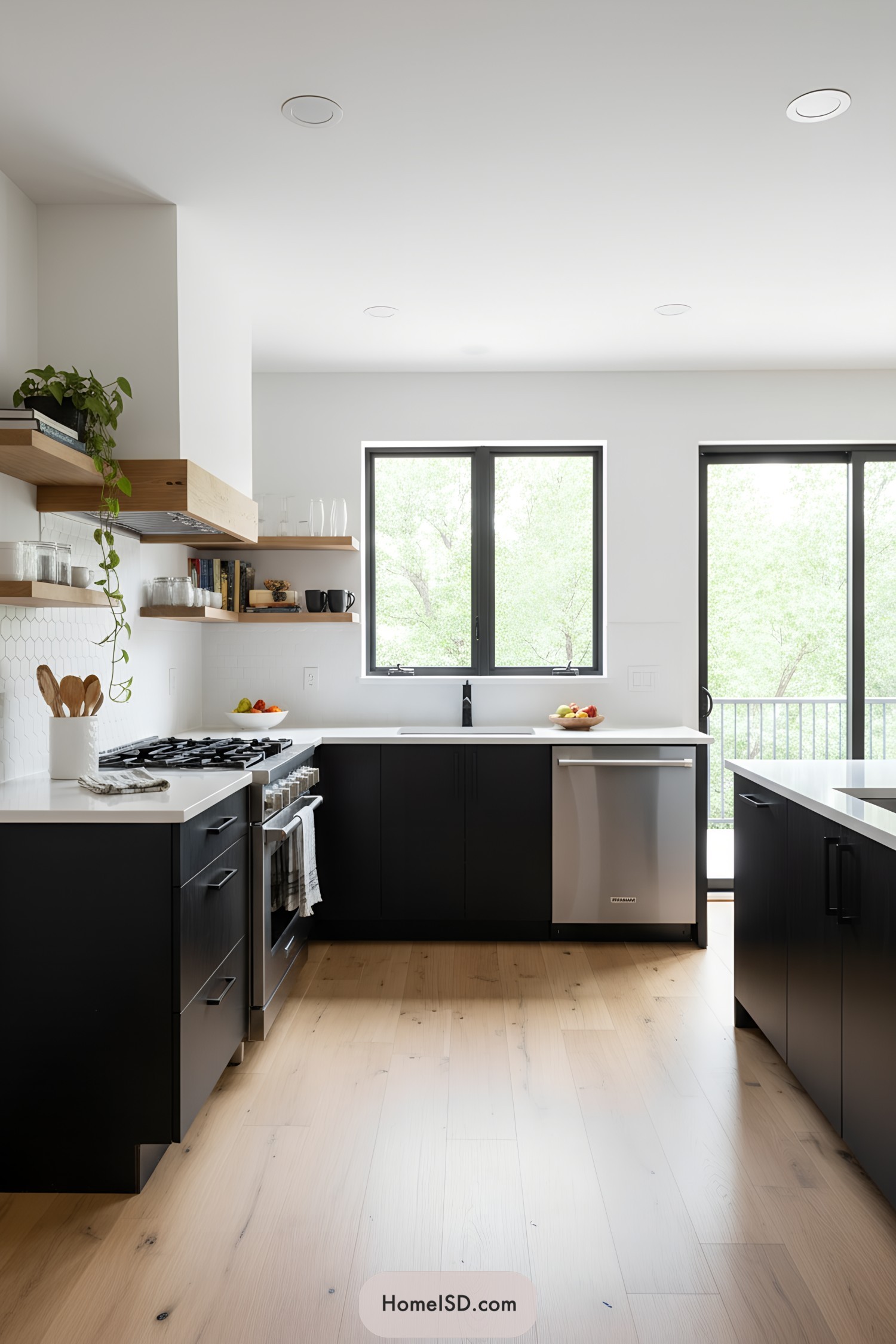 Black-cabinet kitchen with black hardware, white countertops, and light wood floors