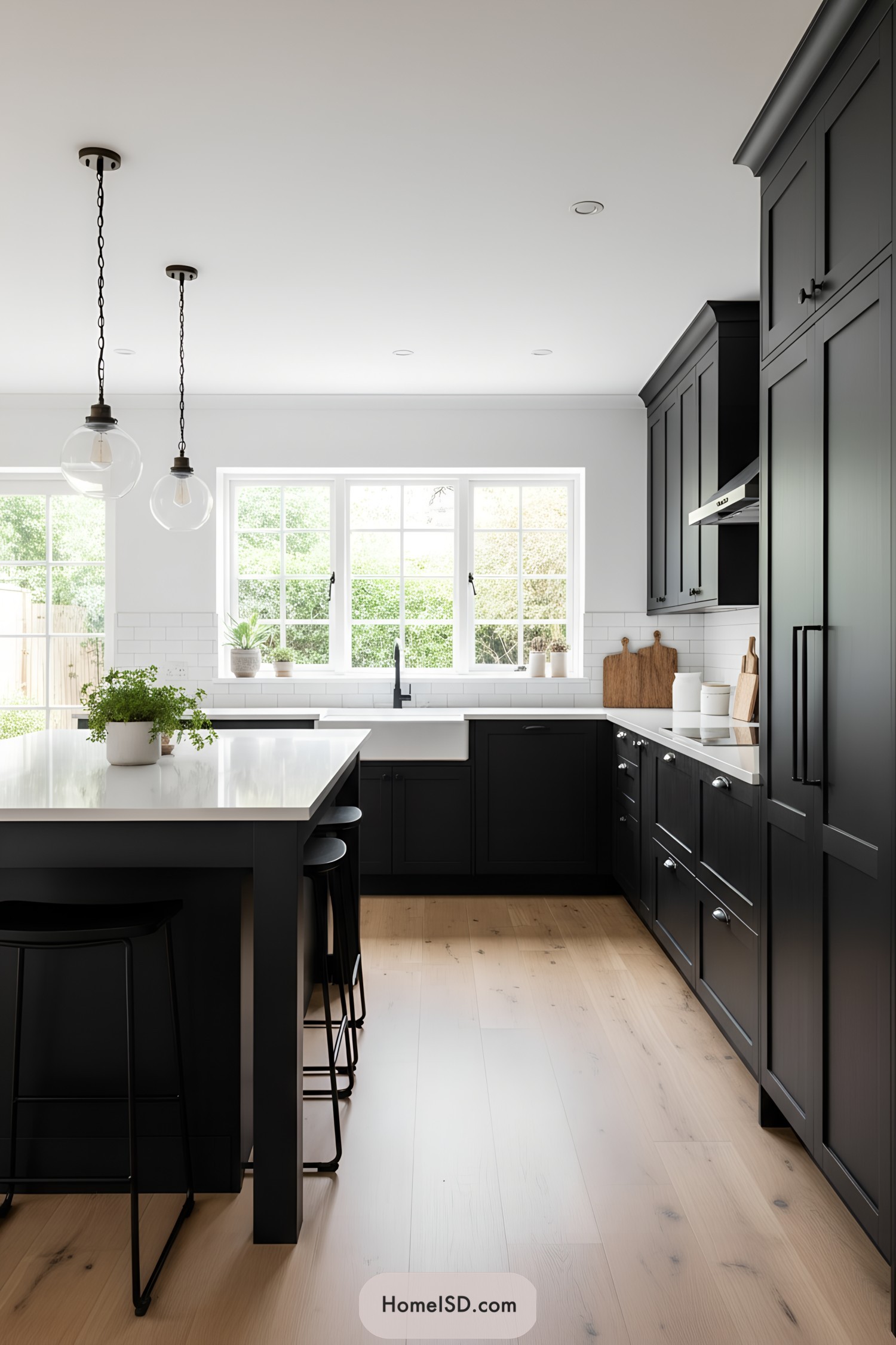 Black shaker cabinets with white quartz and farmhouse sink