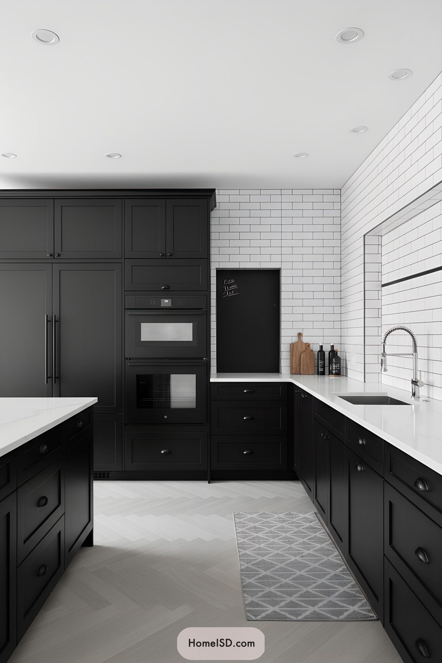 Black shaker cabinets with white quartz and subway tile