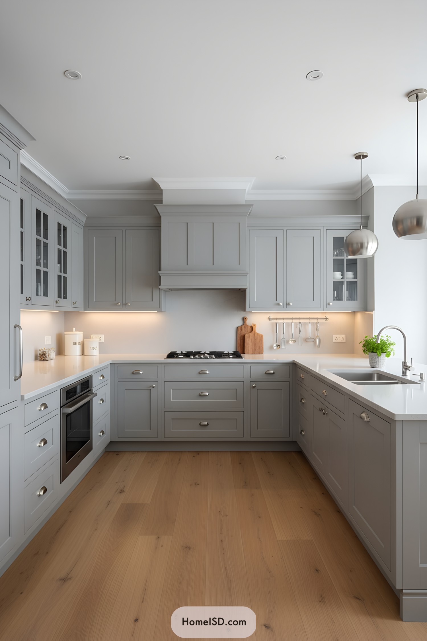 Light gray shaker kitchen with white counters and warm wood floor