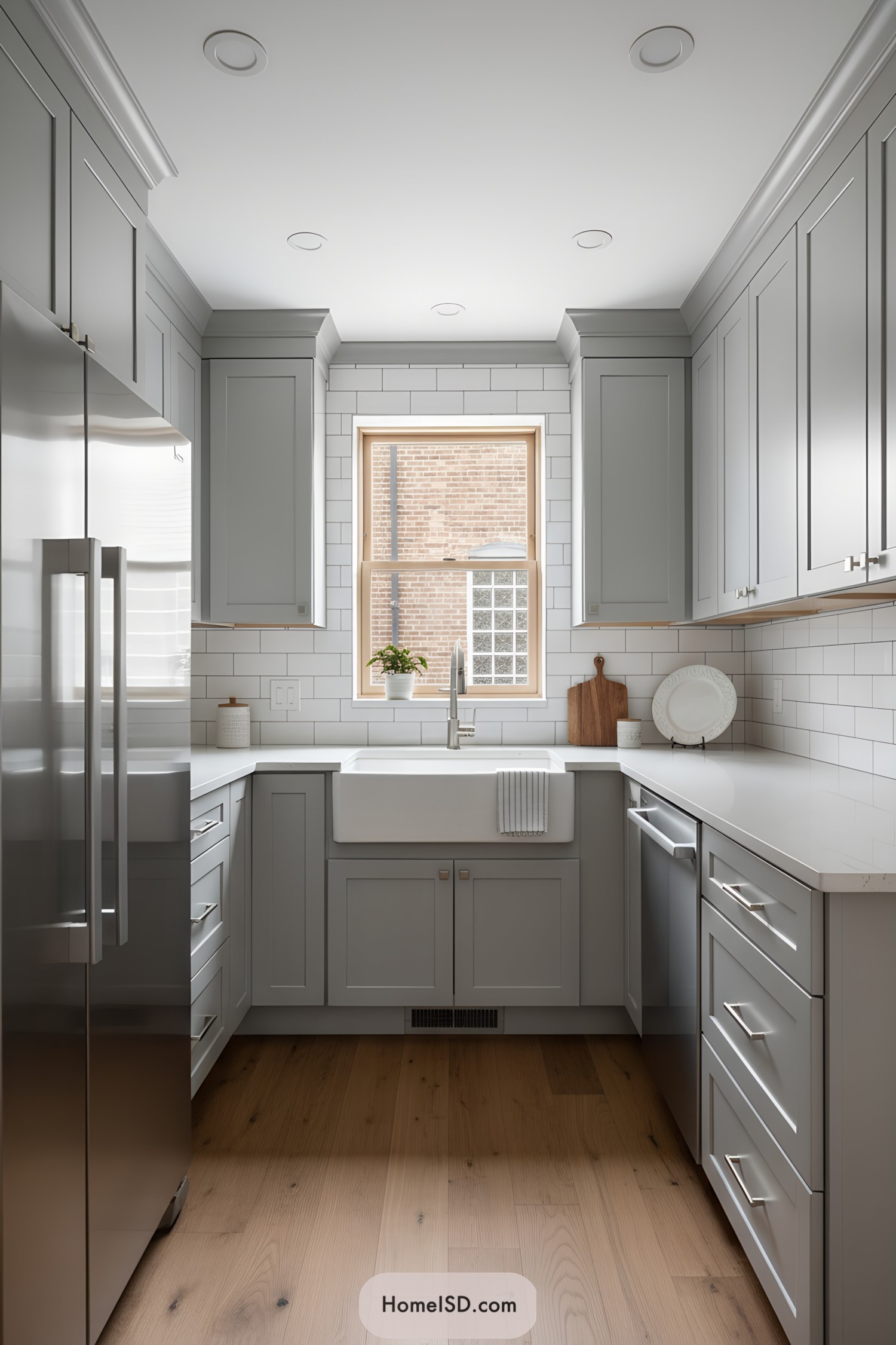 Compact gray shaker kitchen with farmhouse sink