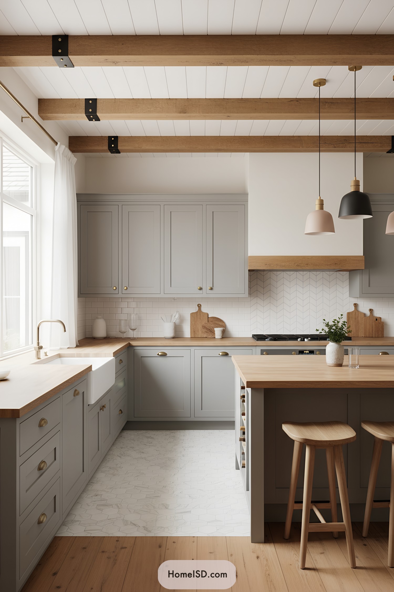 Light gray shaker cabinets with wood countertops