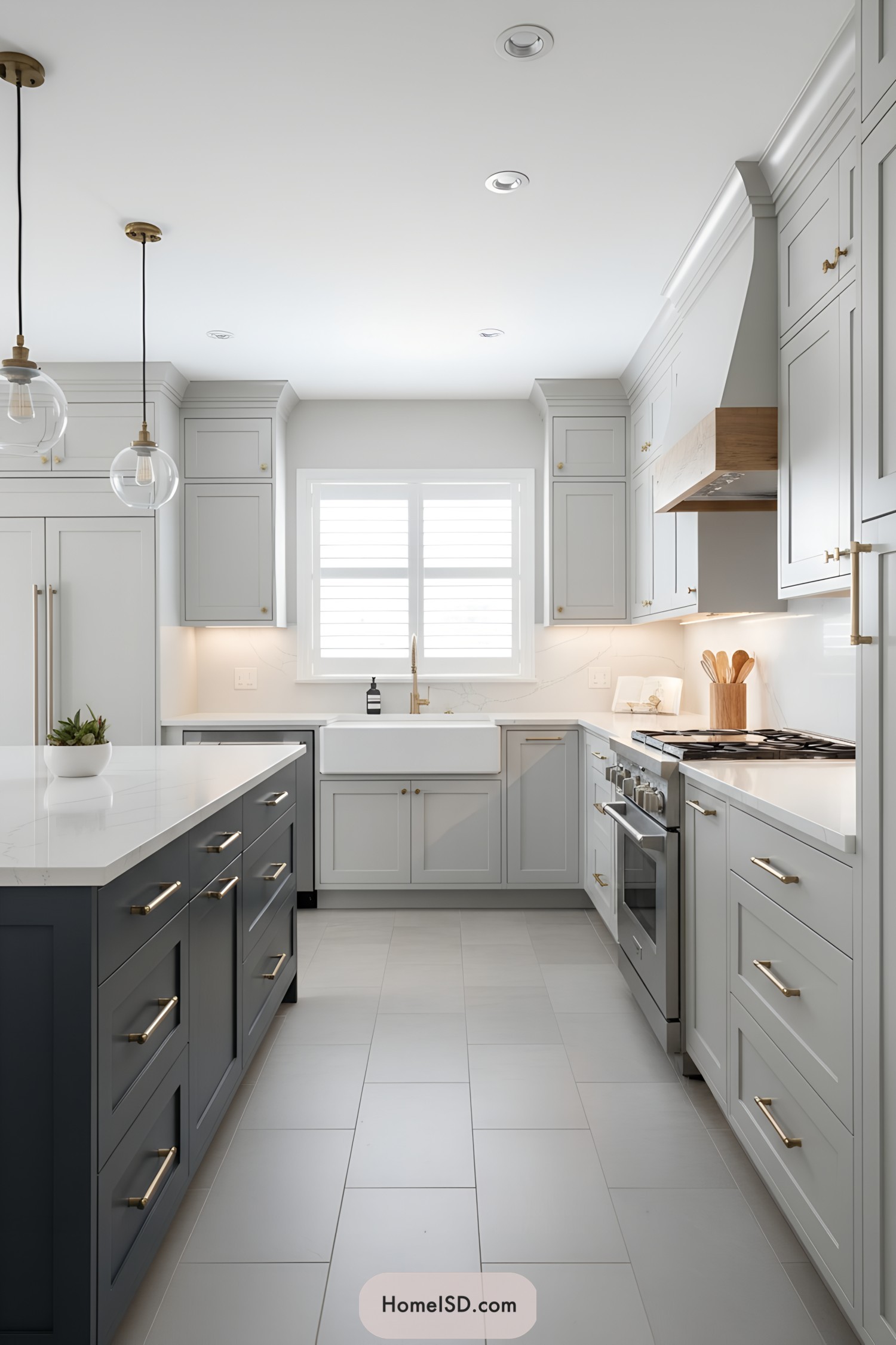 Light gray shaker kitchen with brass hardware, white countertops, and navy island