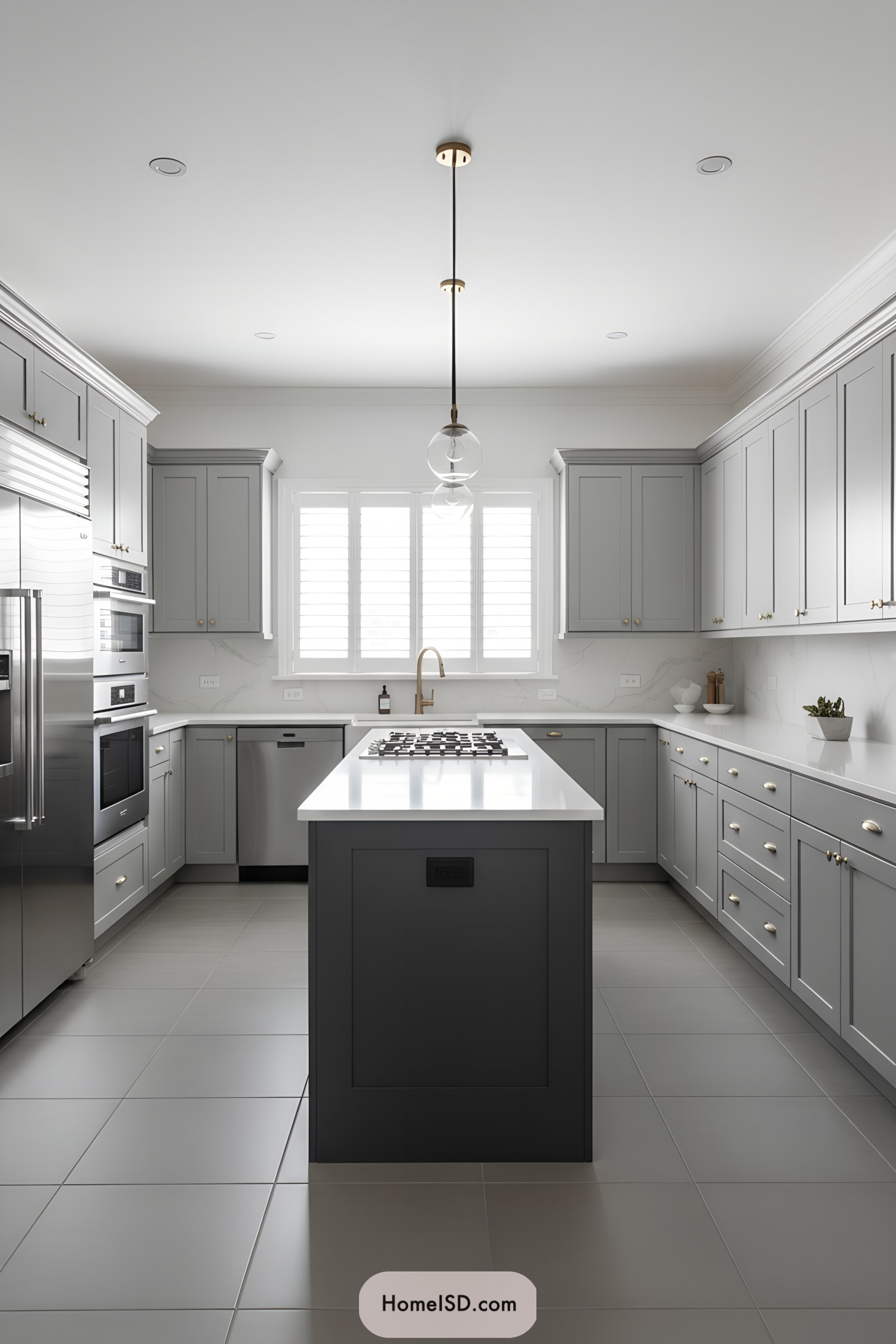 Modern gray shaker kitchen with dark island and brass accents