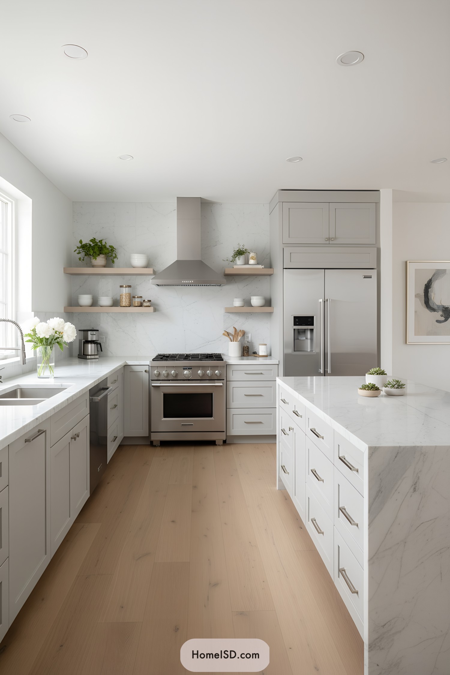 Light grey shaker cabinets with white marble surfaces and stainless appliances