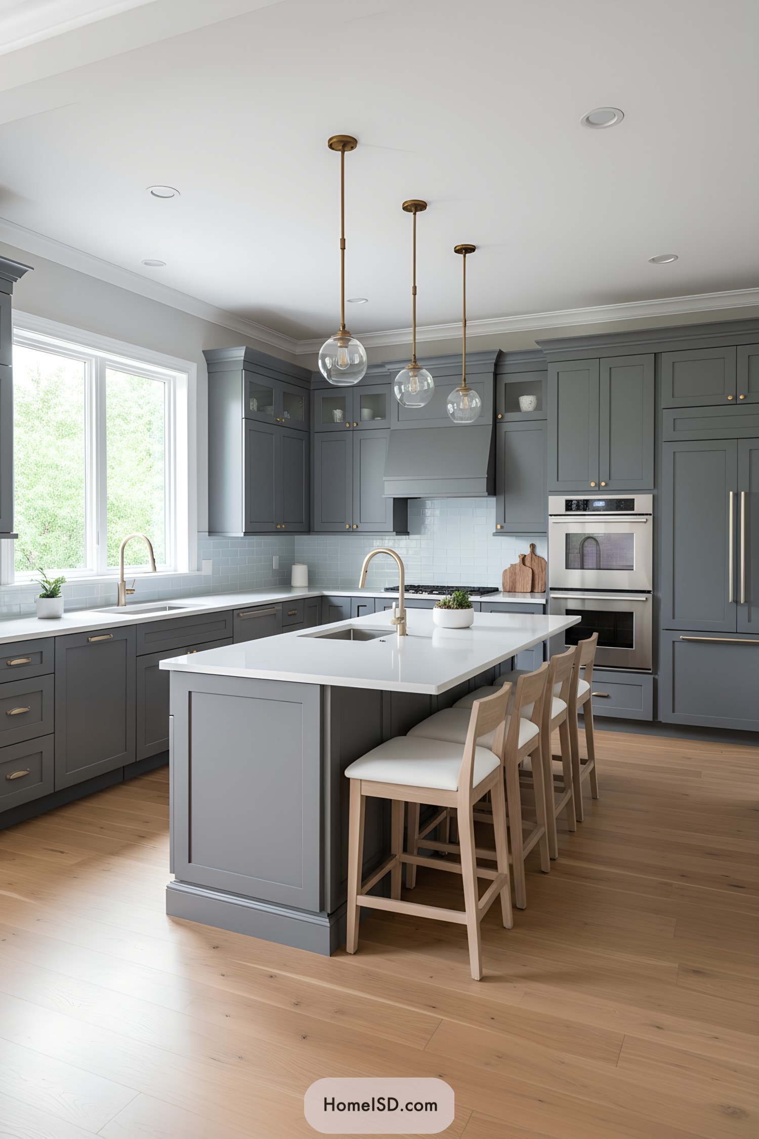 Grey shaker cabinets with brass pulls, white quartz island, and globe pendants