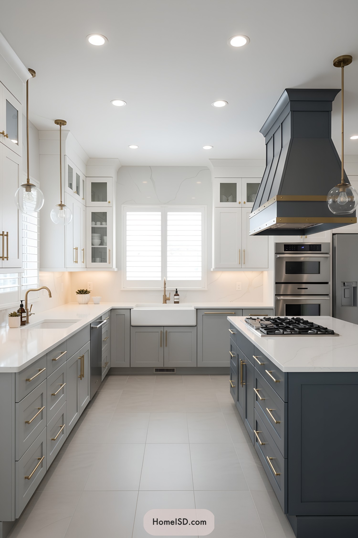 Grey shaker kitchen with brass hardware, white countertops, and statement range hood