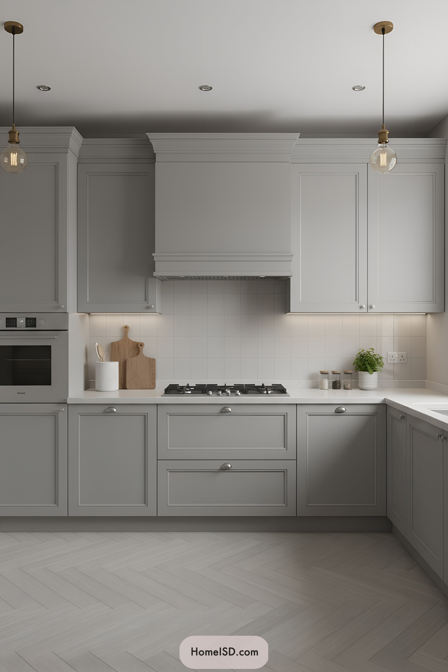 Light gray shaker kitchen with brass pendants and herringbone floor