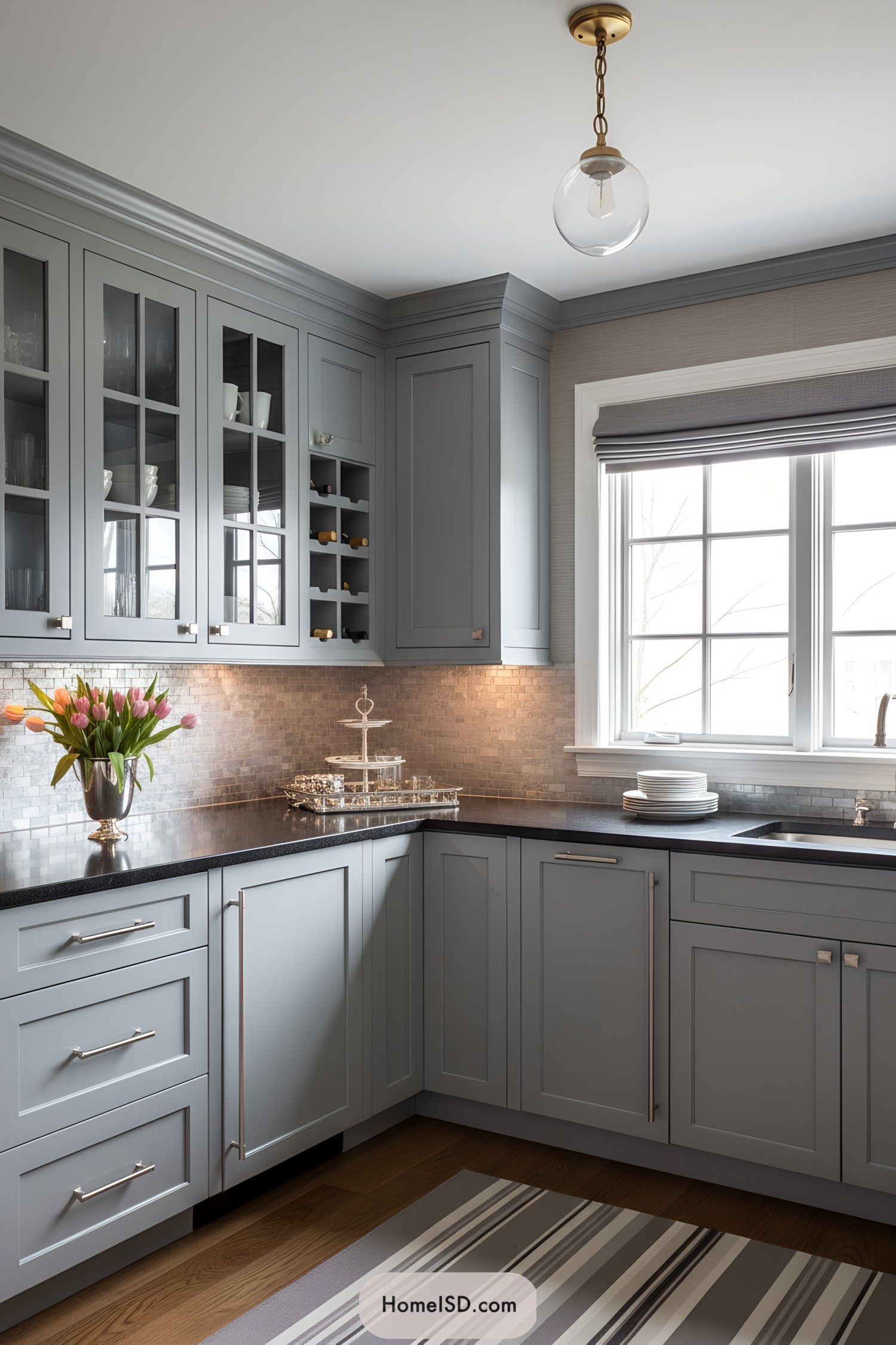 Gray shaker kitchen with glass fronts, mosaic backsplash, and black countertops