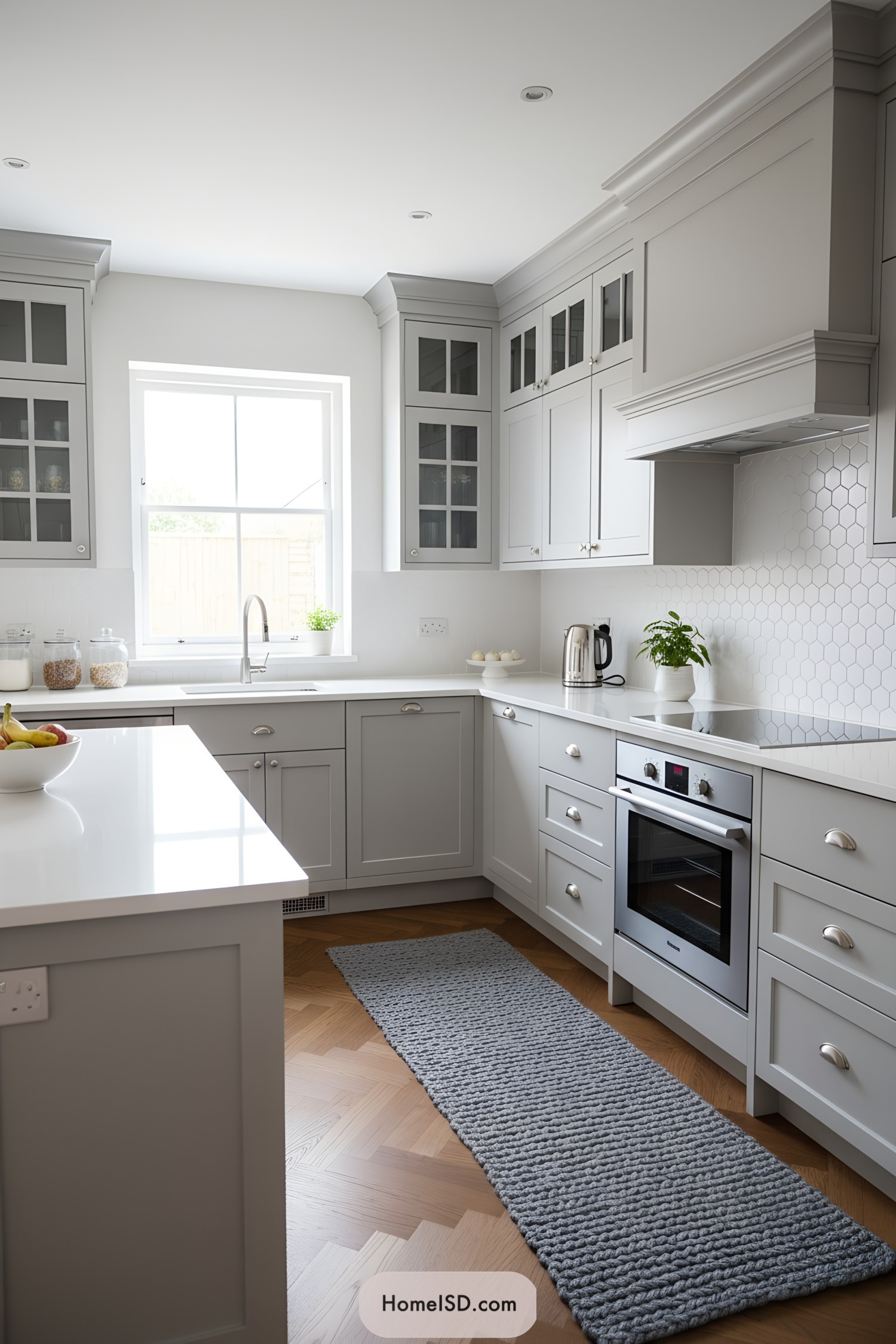 Light gray shaker kitchen with white counters and hex backsplash