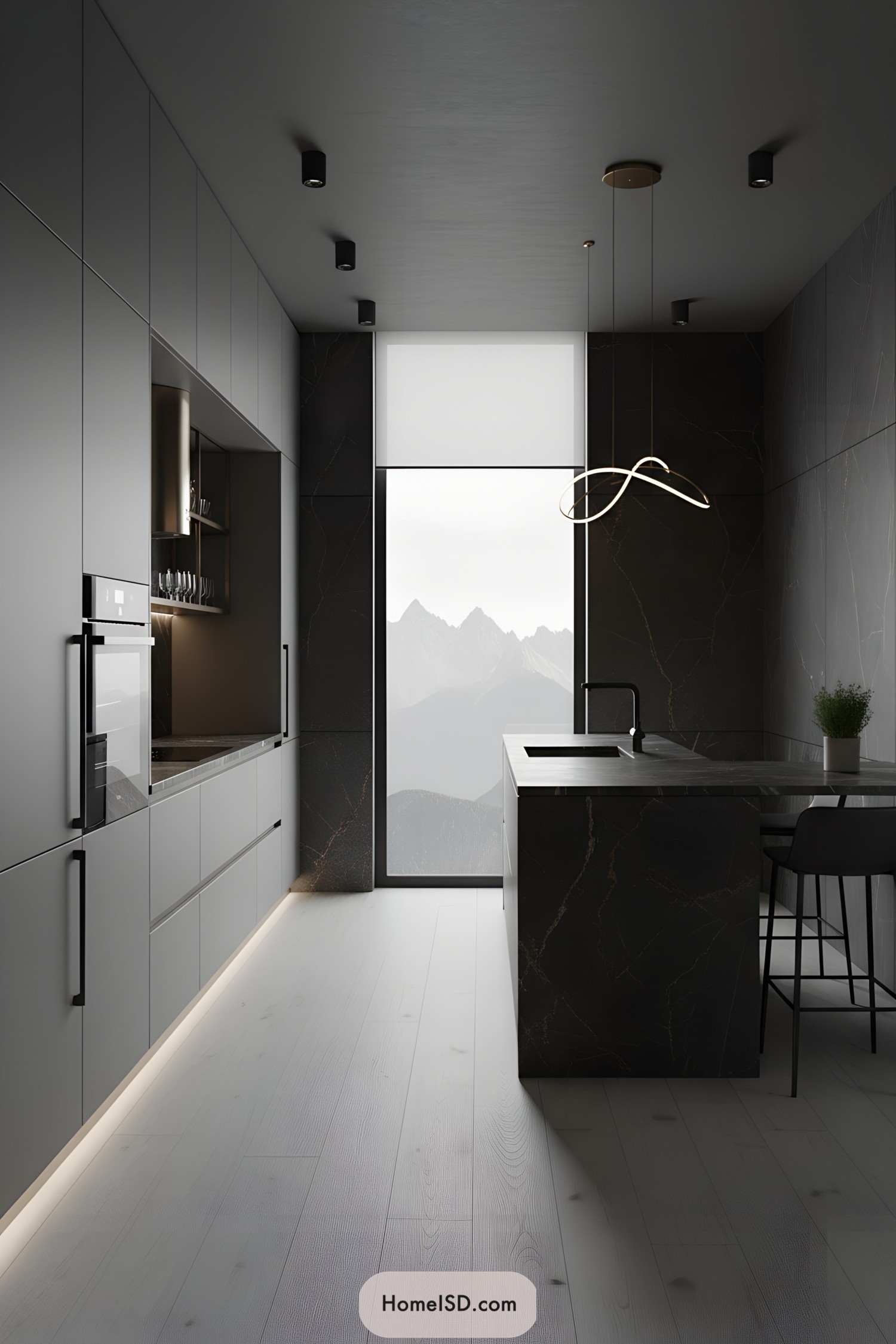 Minimalist gray kitchen with black stone and mountain view