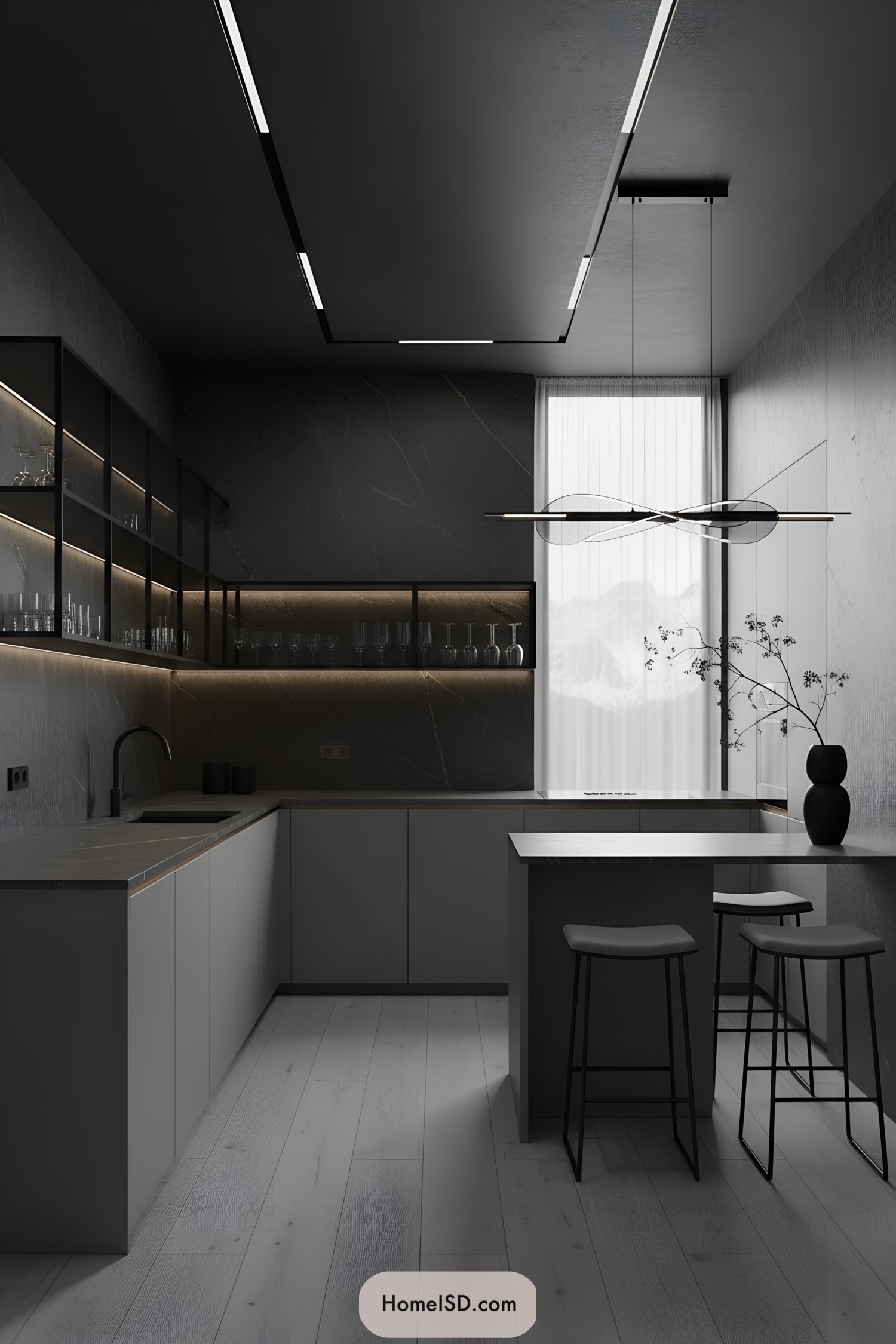 Minimalist gray kitchen with black accents
