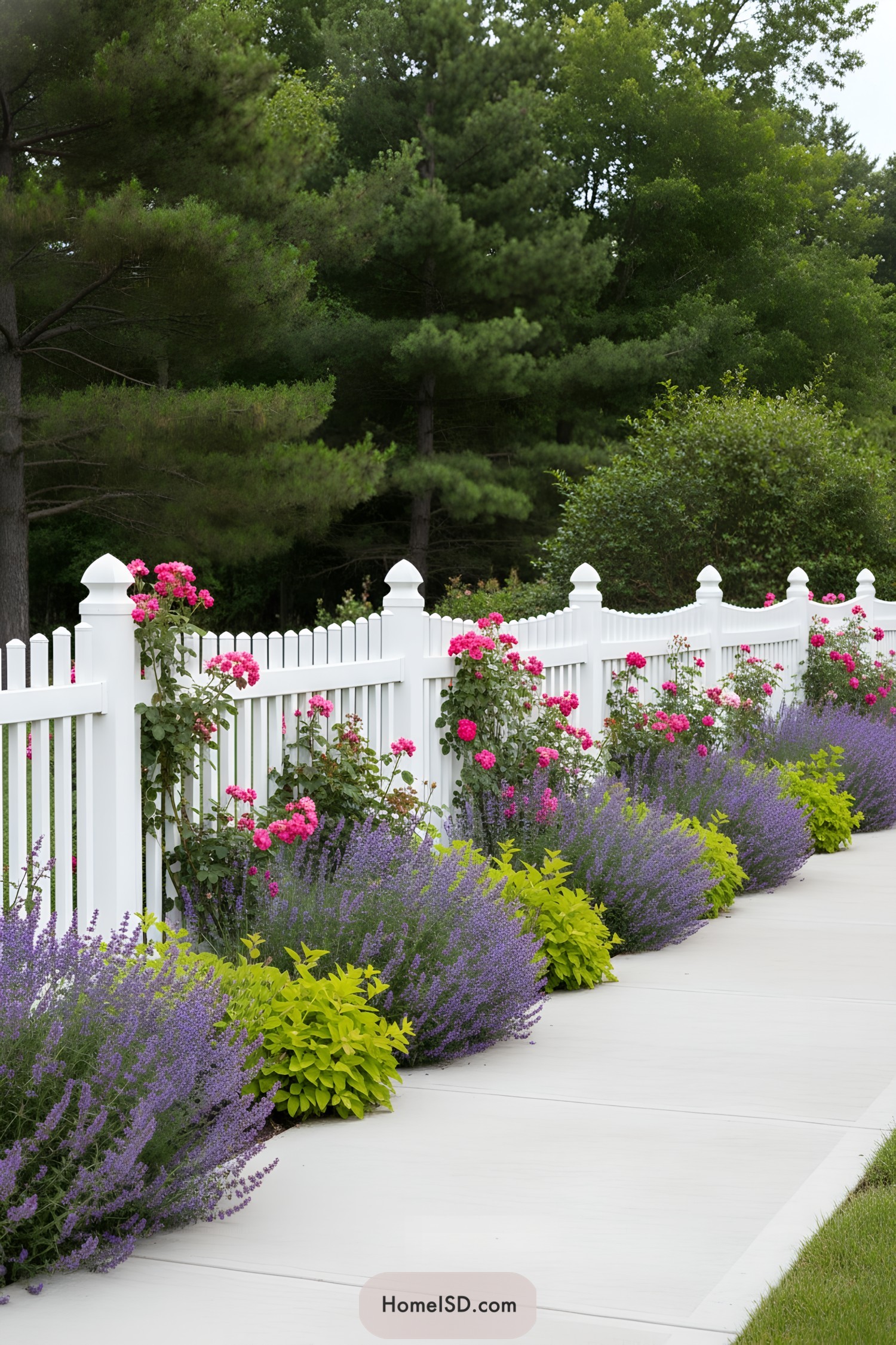 Colorful garden path with white picket fence