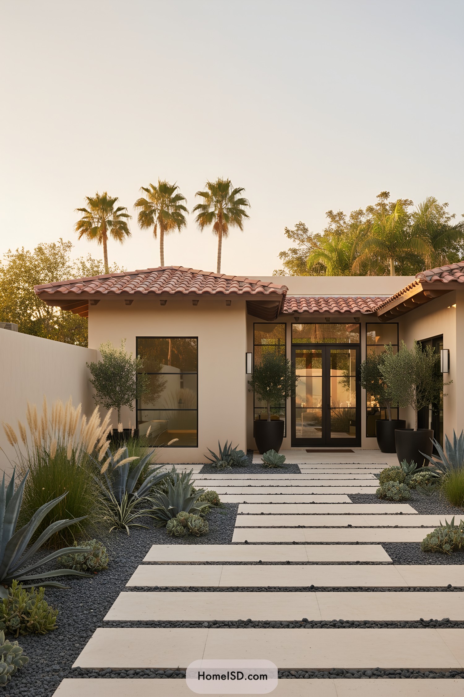 Contemporary garden with paved walkway and lush plants