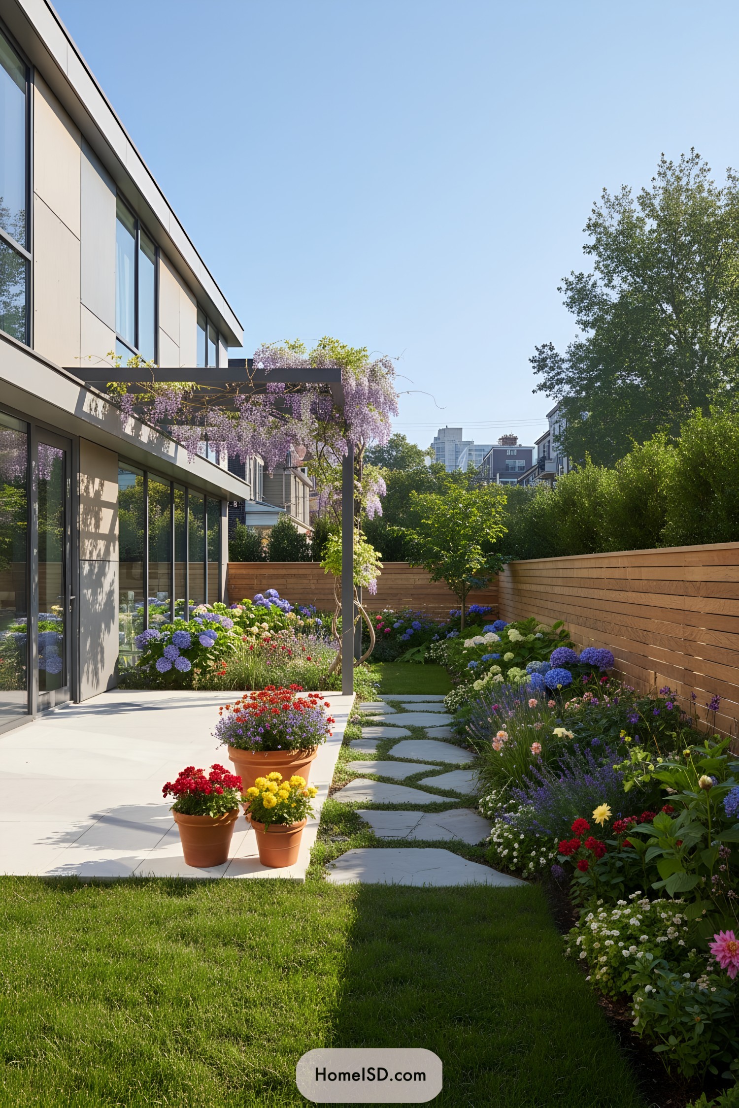 A vibrant backyard garden with a stone path and colorful flowers