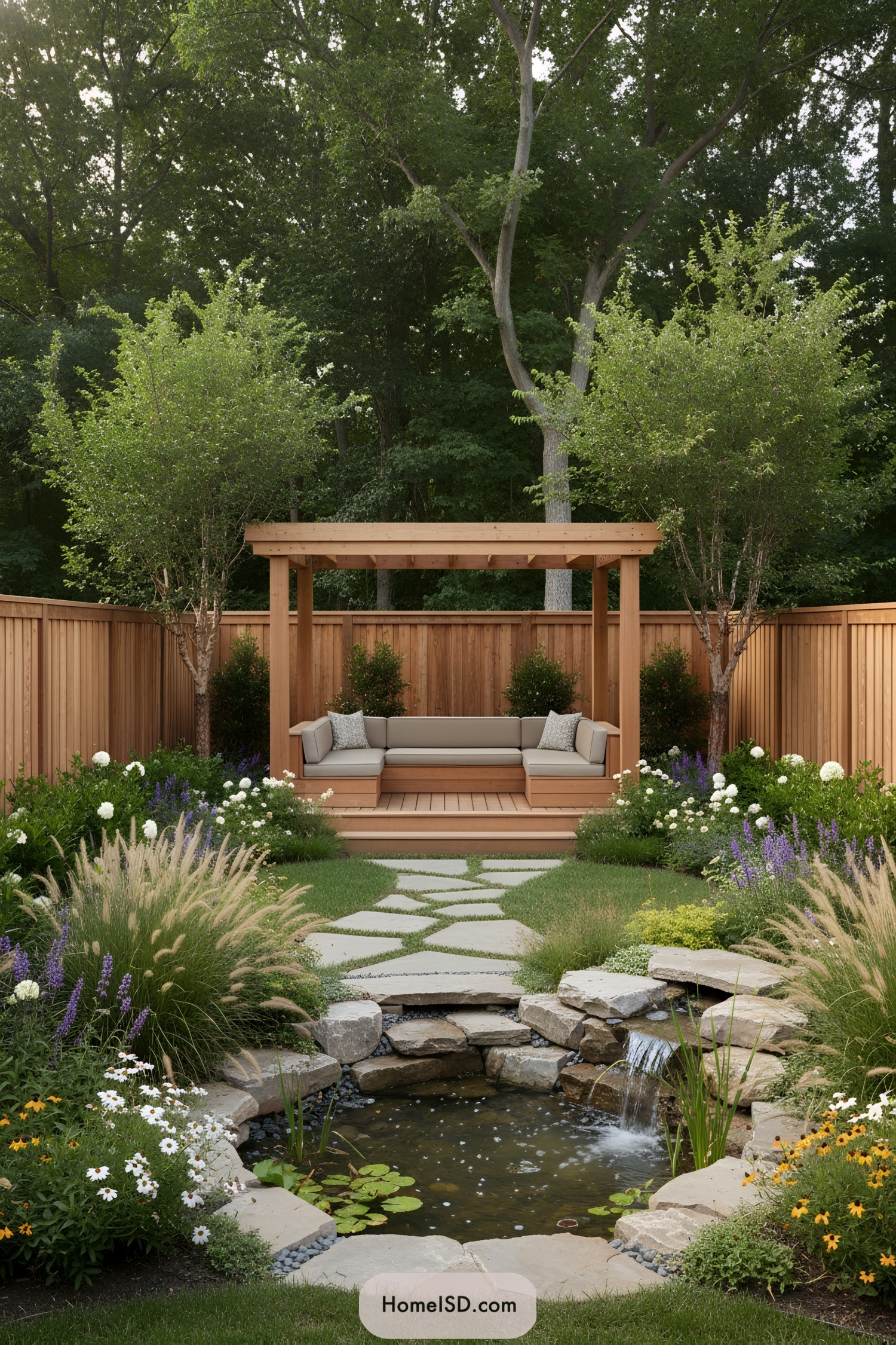 Cozy wooden pergola overlooking a lush backyard with a pond