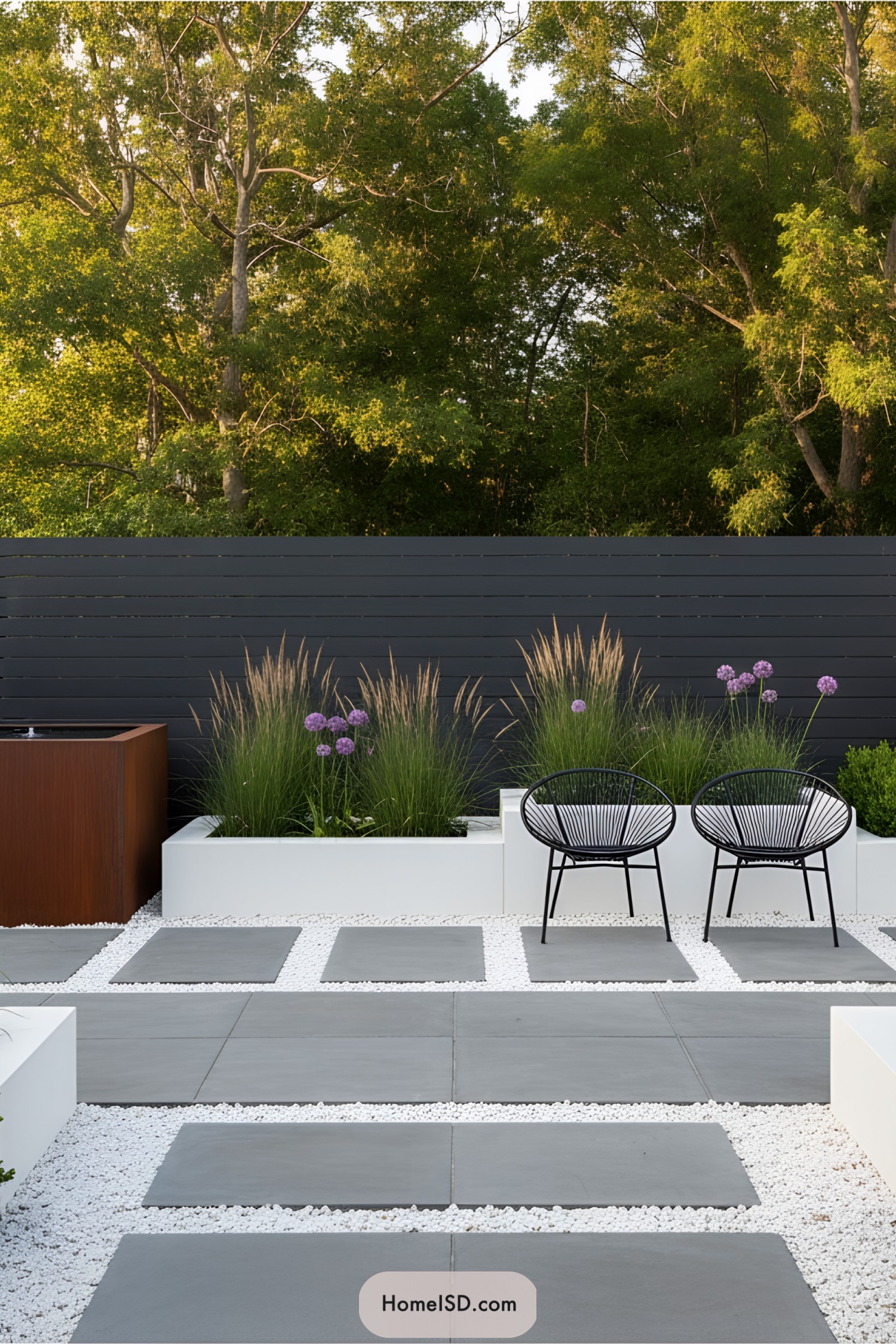 Modern patio with sleek chairs and square tiles