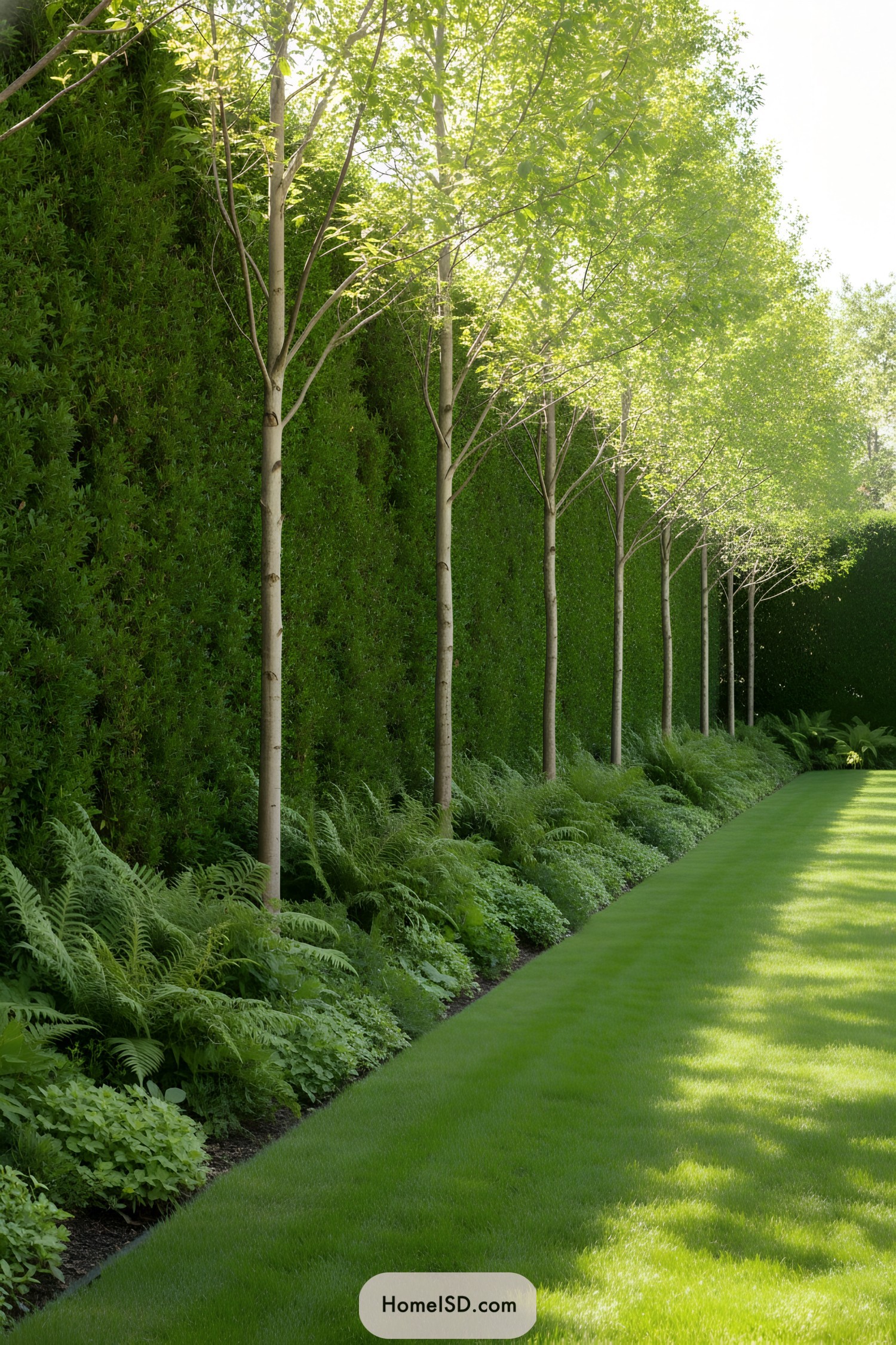 Line of young trees beside a green hedge