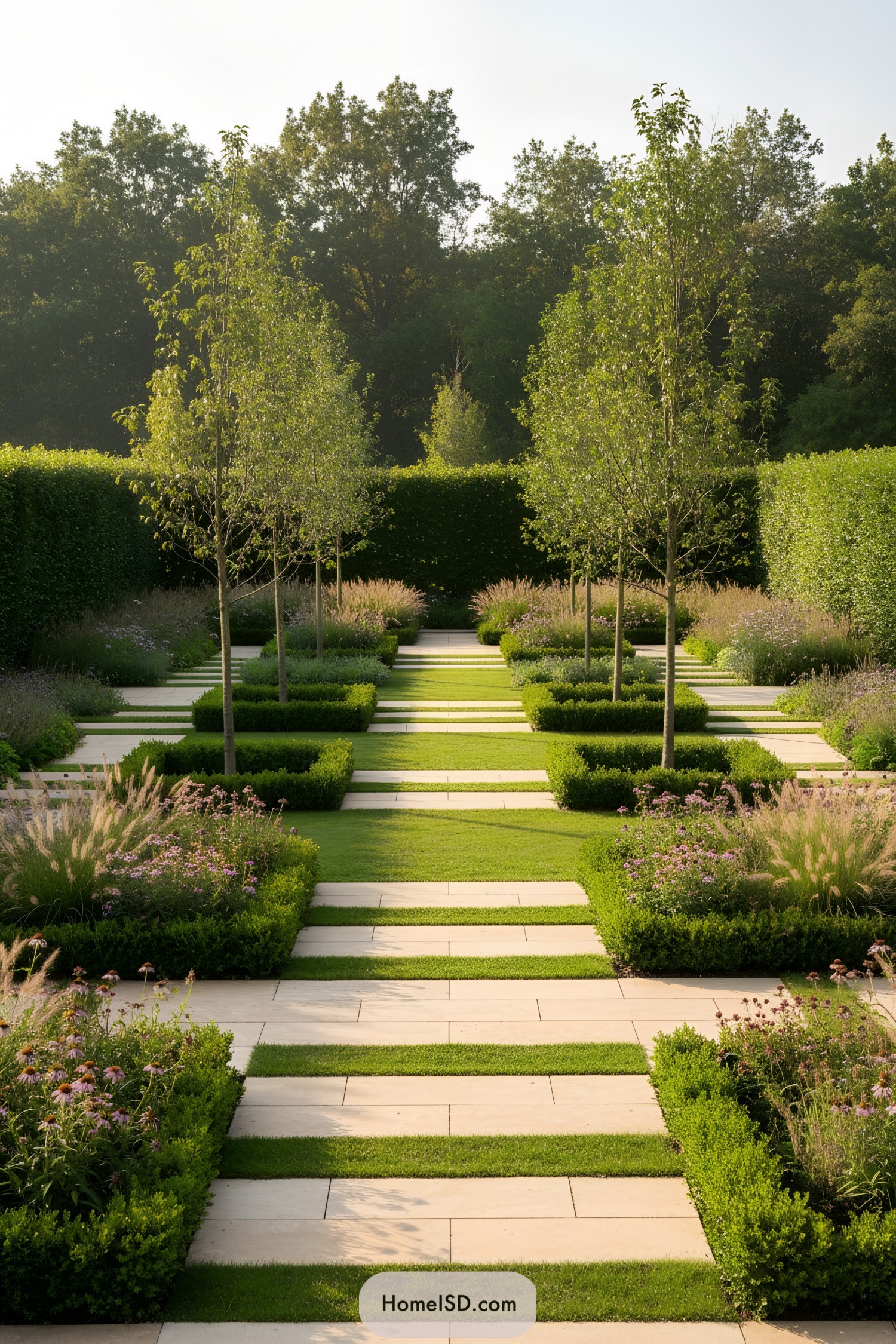 Elegant garden pathway with trimmed hedges and trees