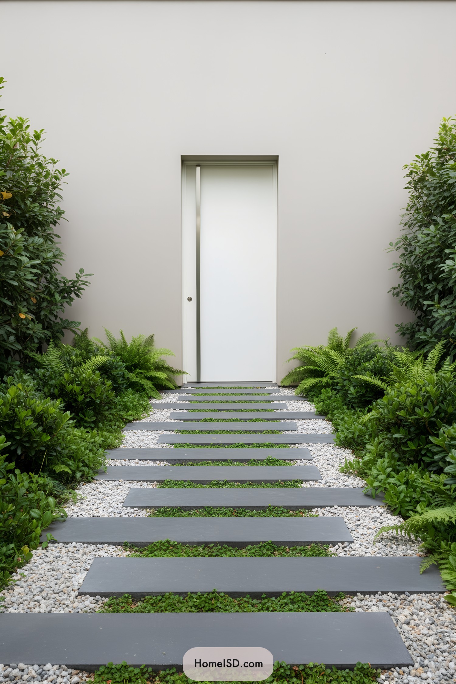 Slate stepping stones lead through lush greenery