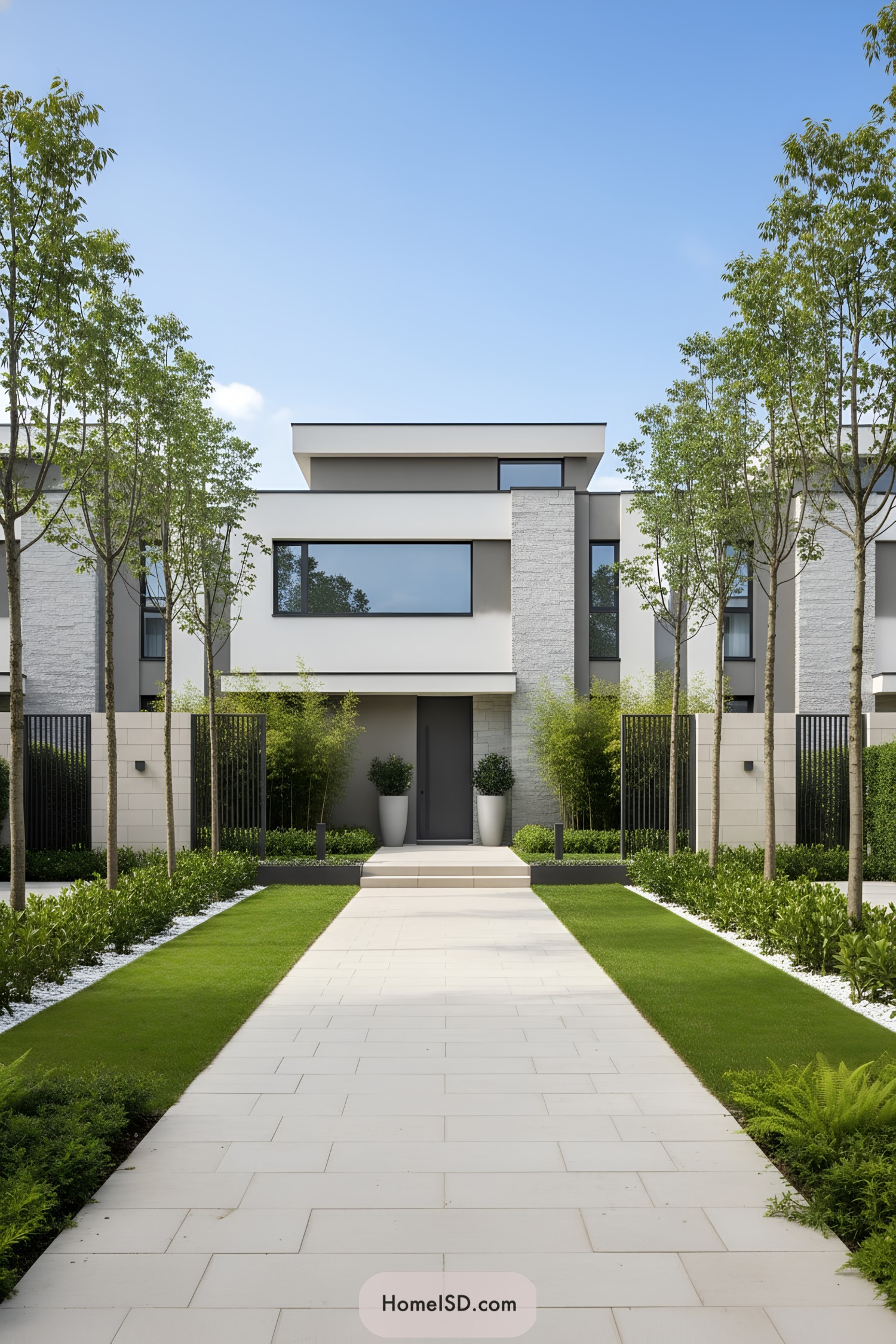Modern landscape design with symmetrical pathway