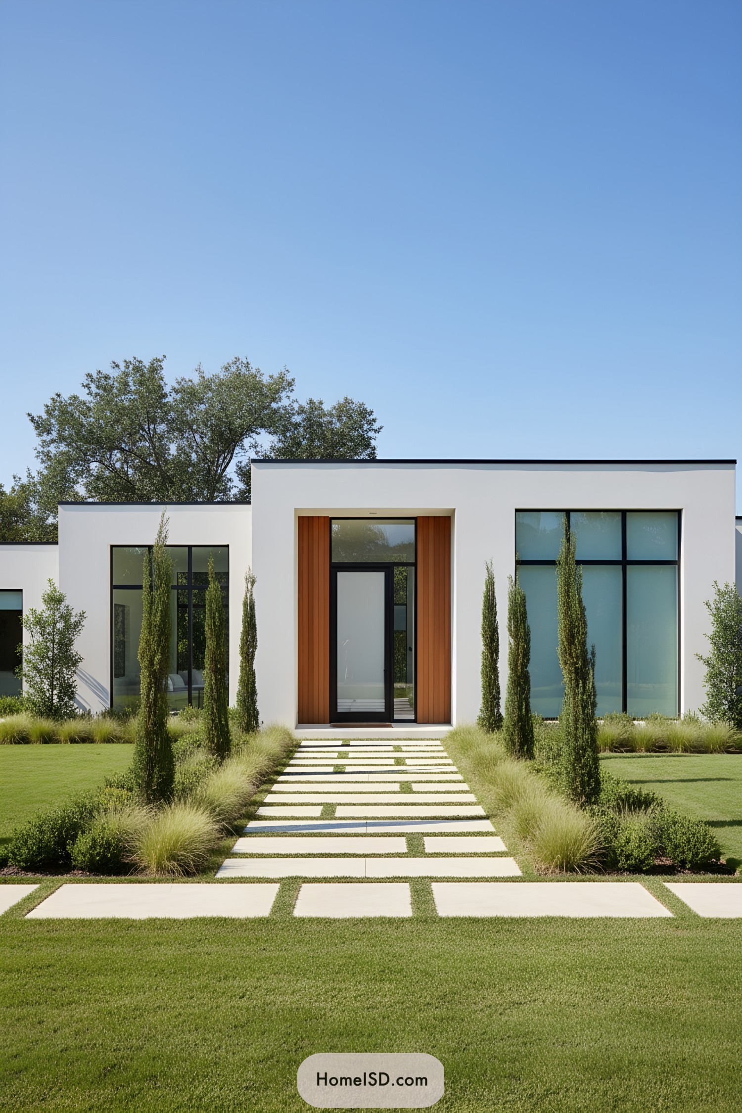 Linear stone pathway leading to a modern home entrance