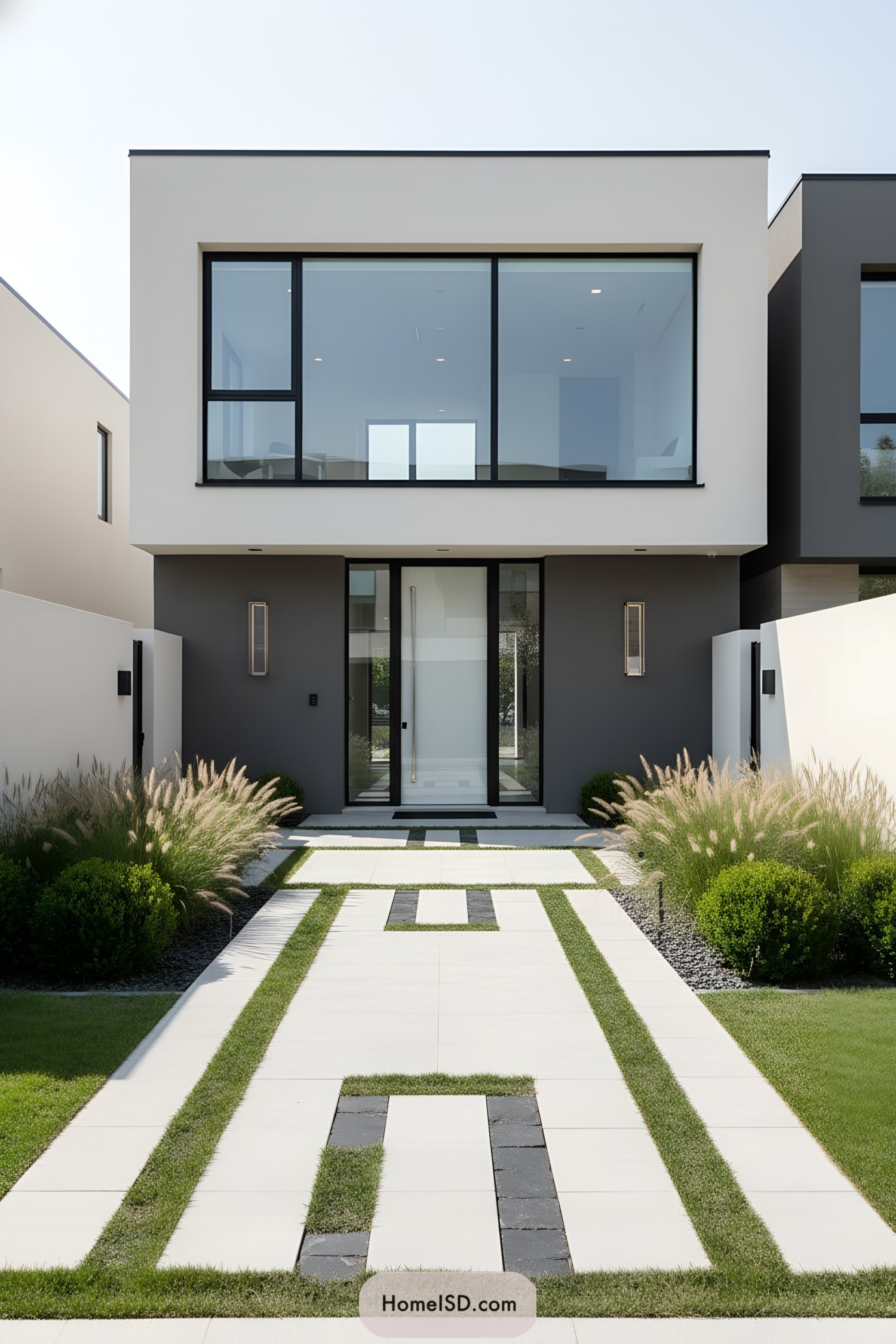 Contemporary front entrance with geometric paving and lush grasses