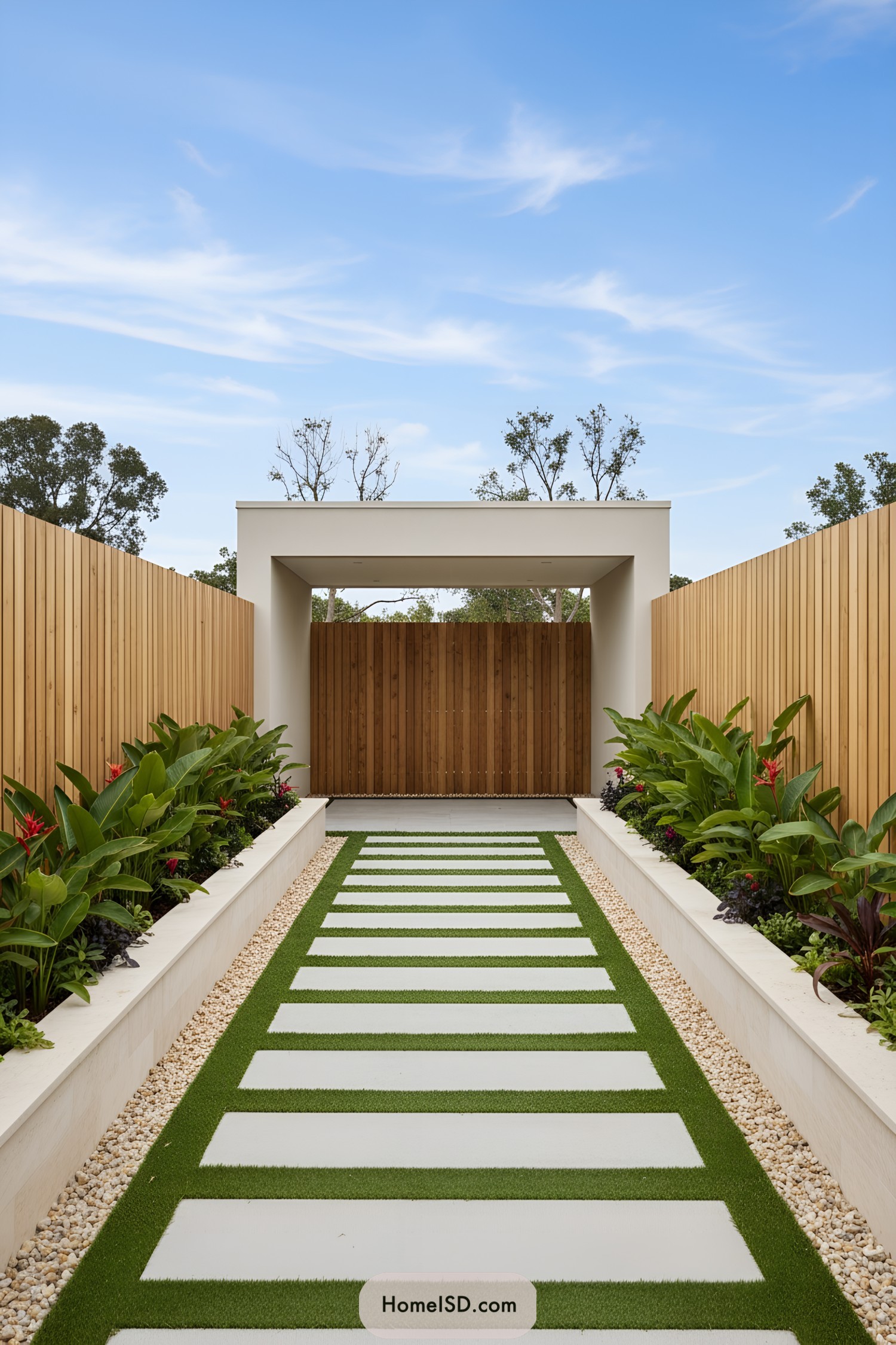 Modern garden walkway with greenery and wooden accents