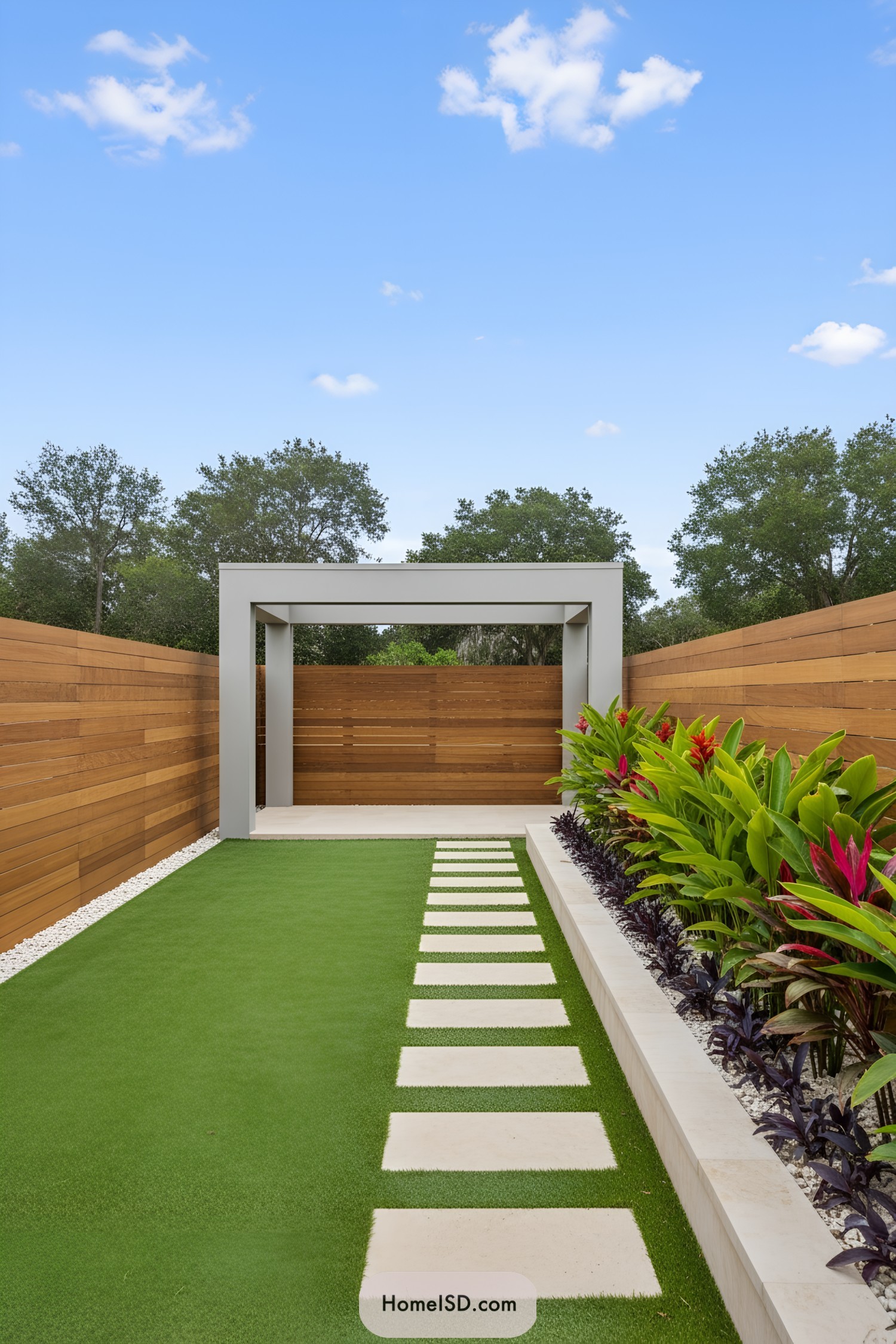 Contemporary yard with stepping stones and greenery