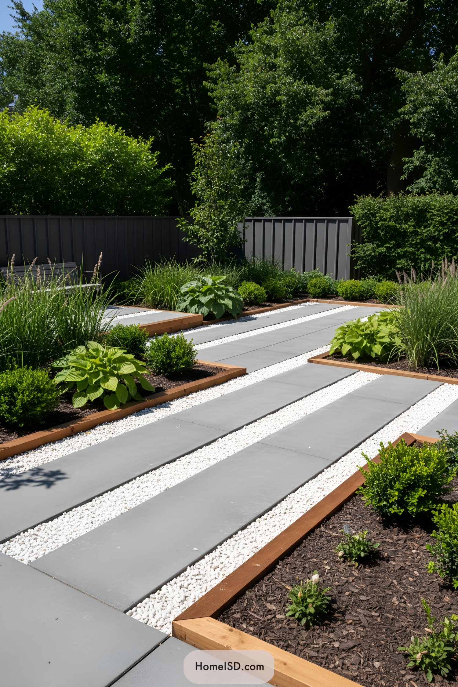 Modern linear yard with slate path and lush greenery