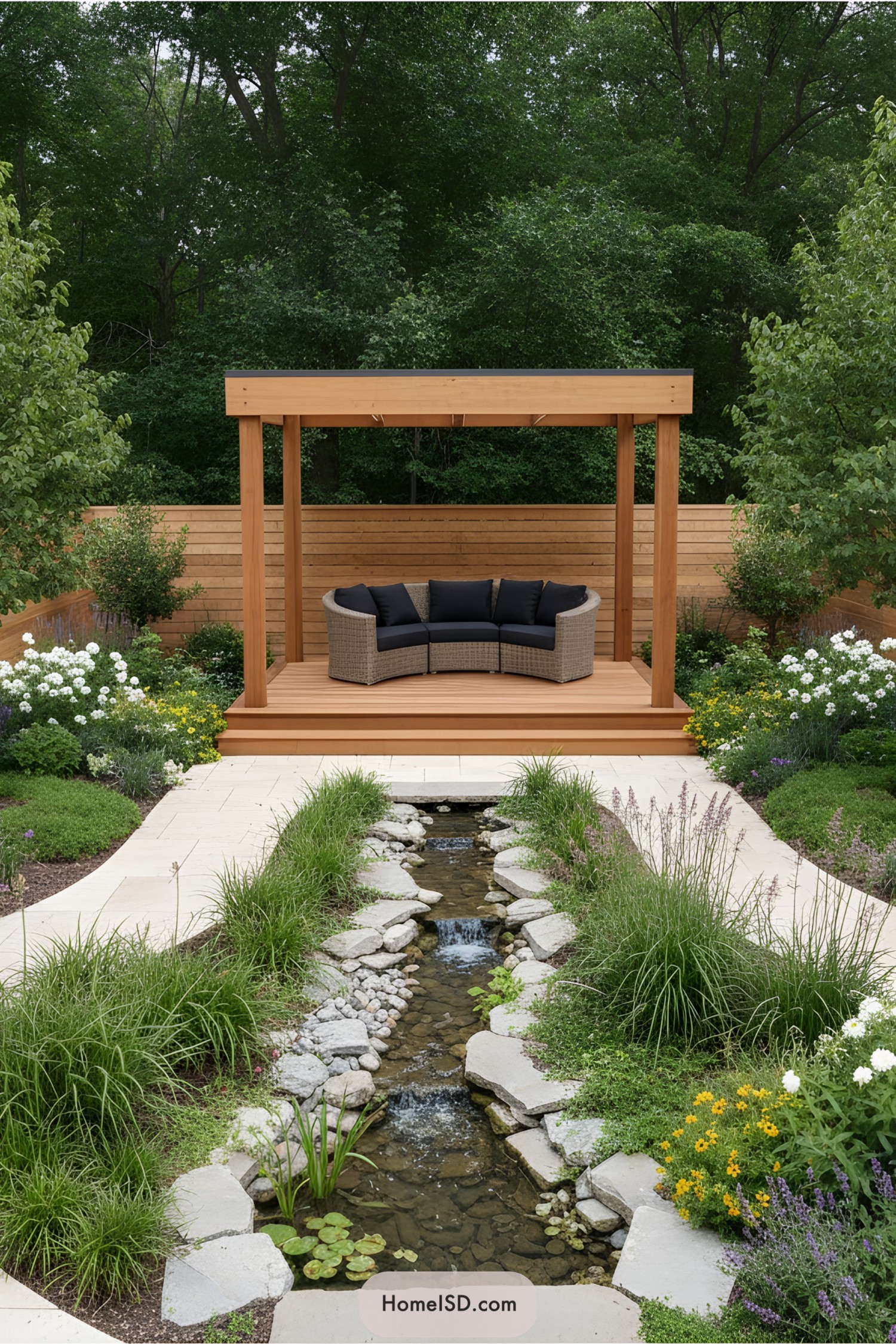 Elegant garden with a patio and stream