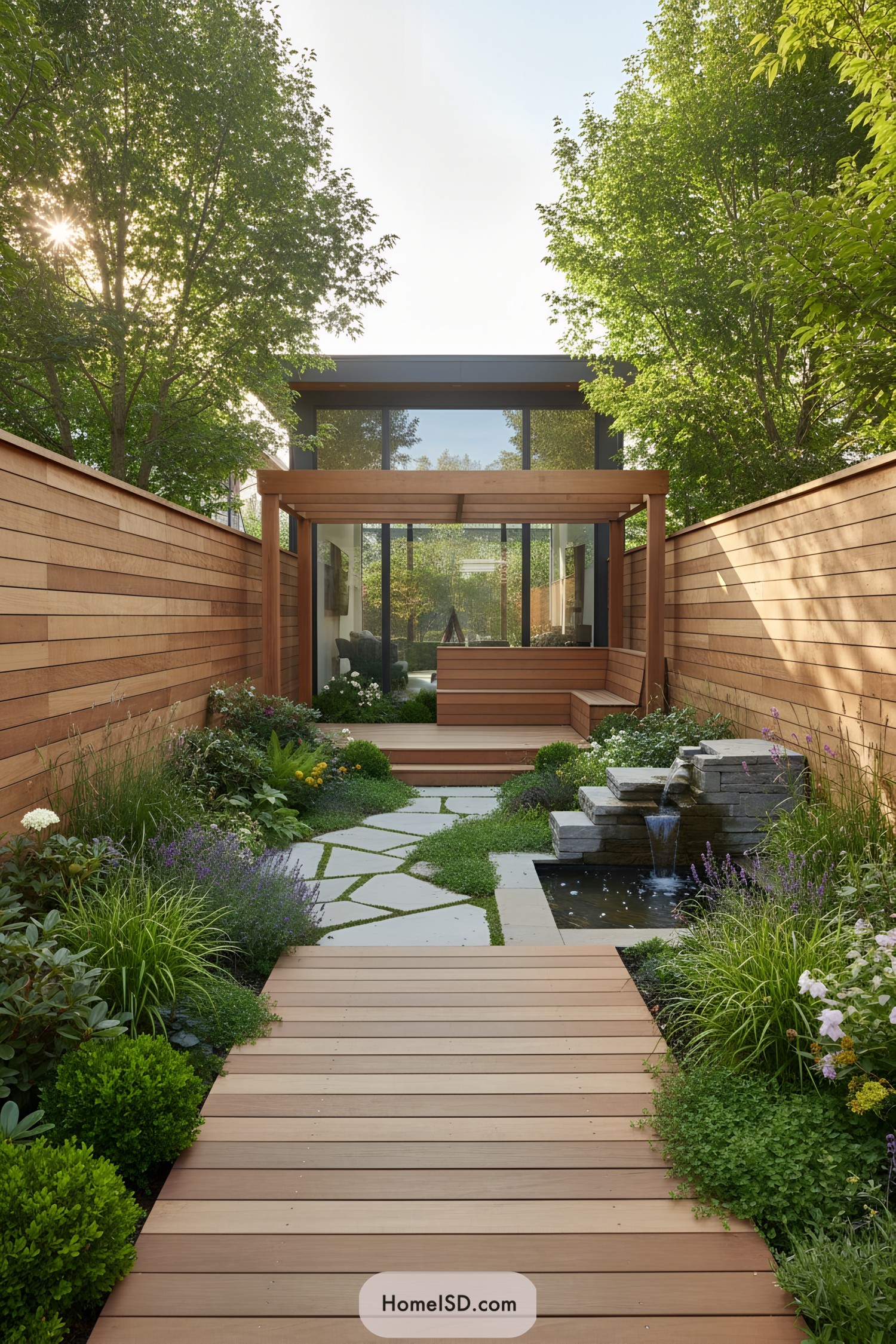 Zen-inspired garden pathway with wooden deck and small waterfall