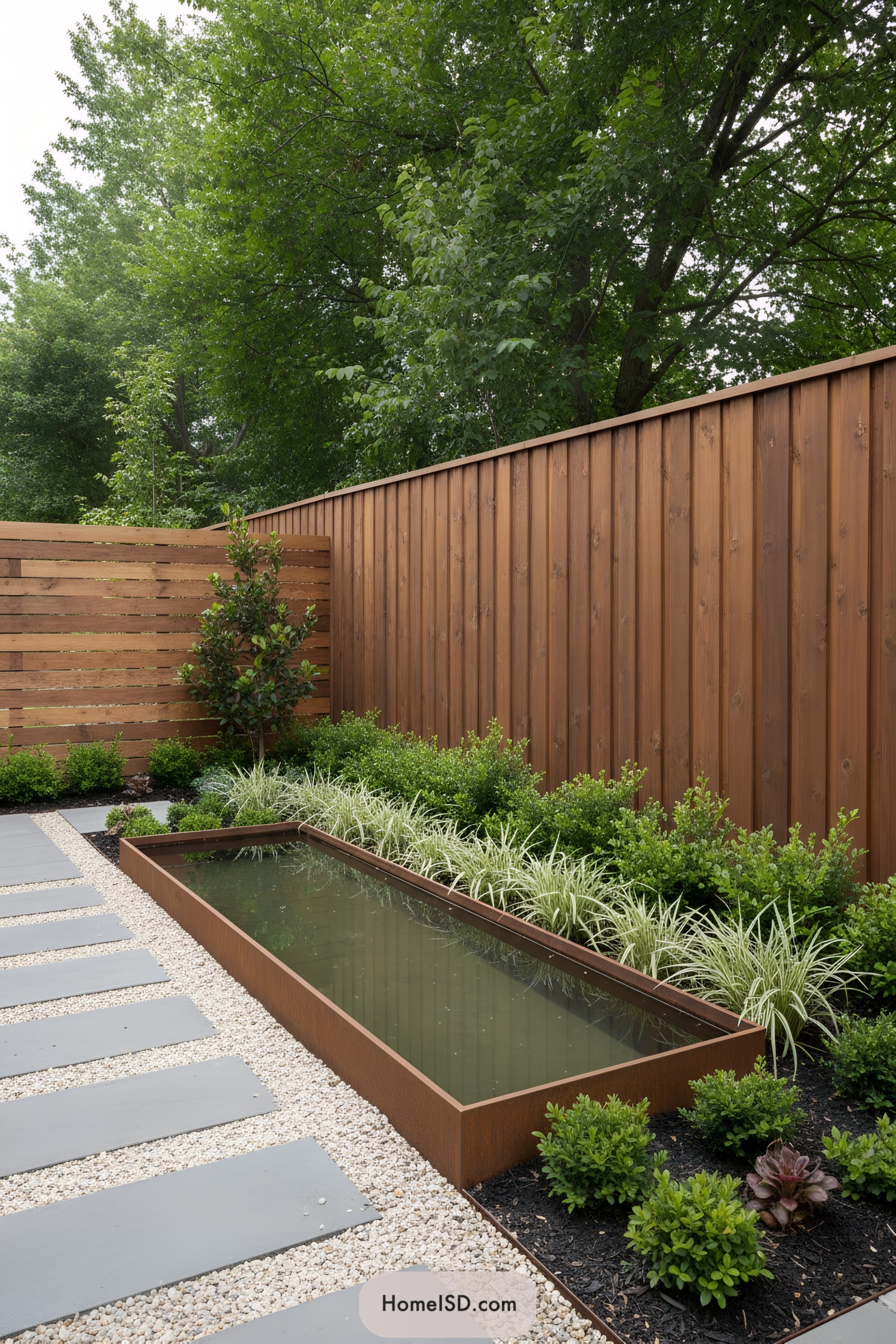 Modern garden with wooden fence and water feature
