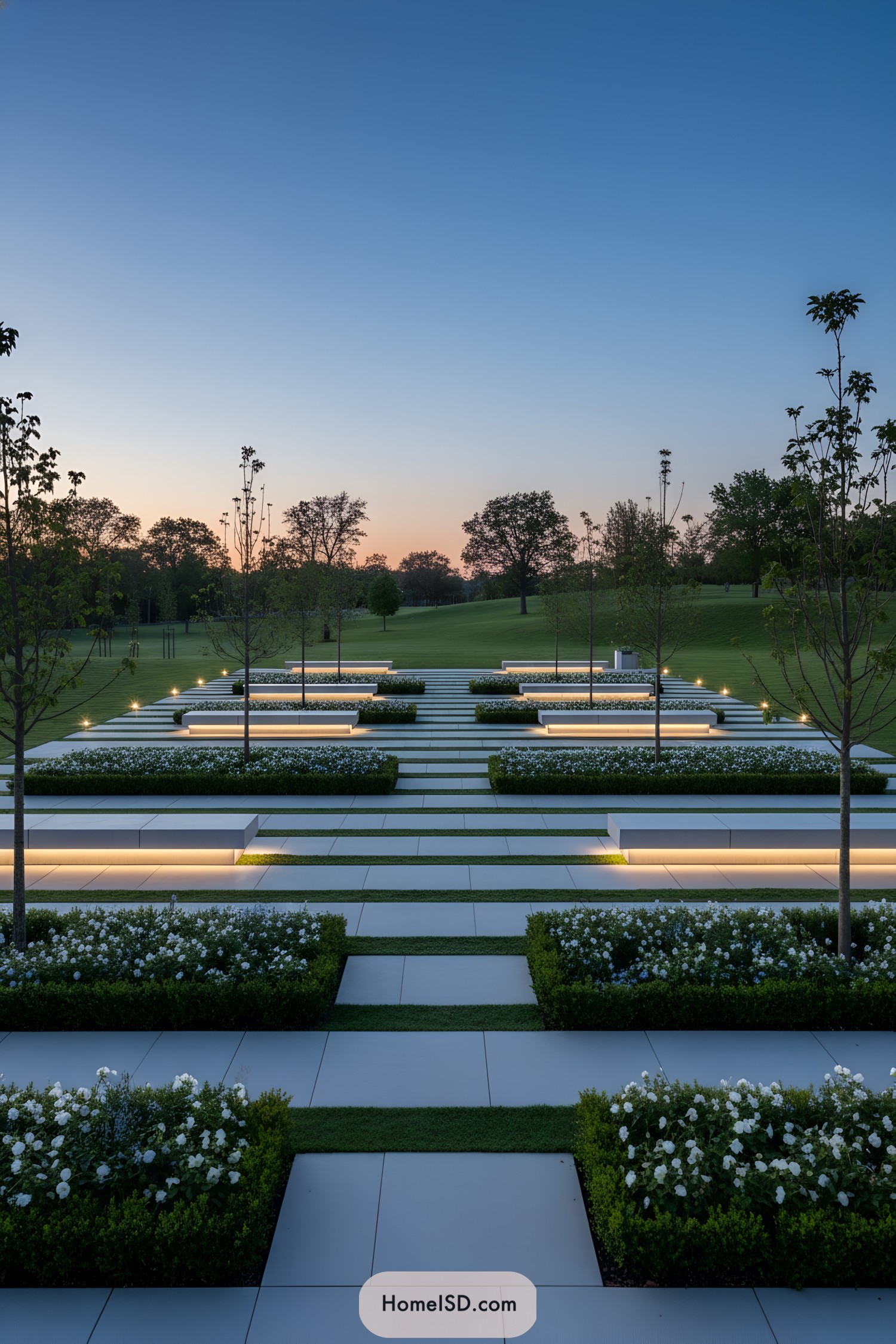 Pathway with white flowers and trees at sunset