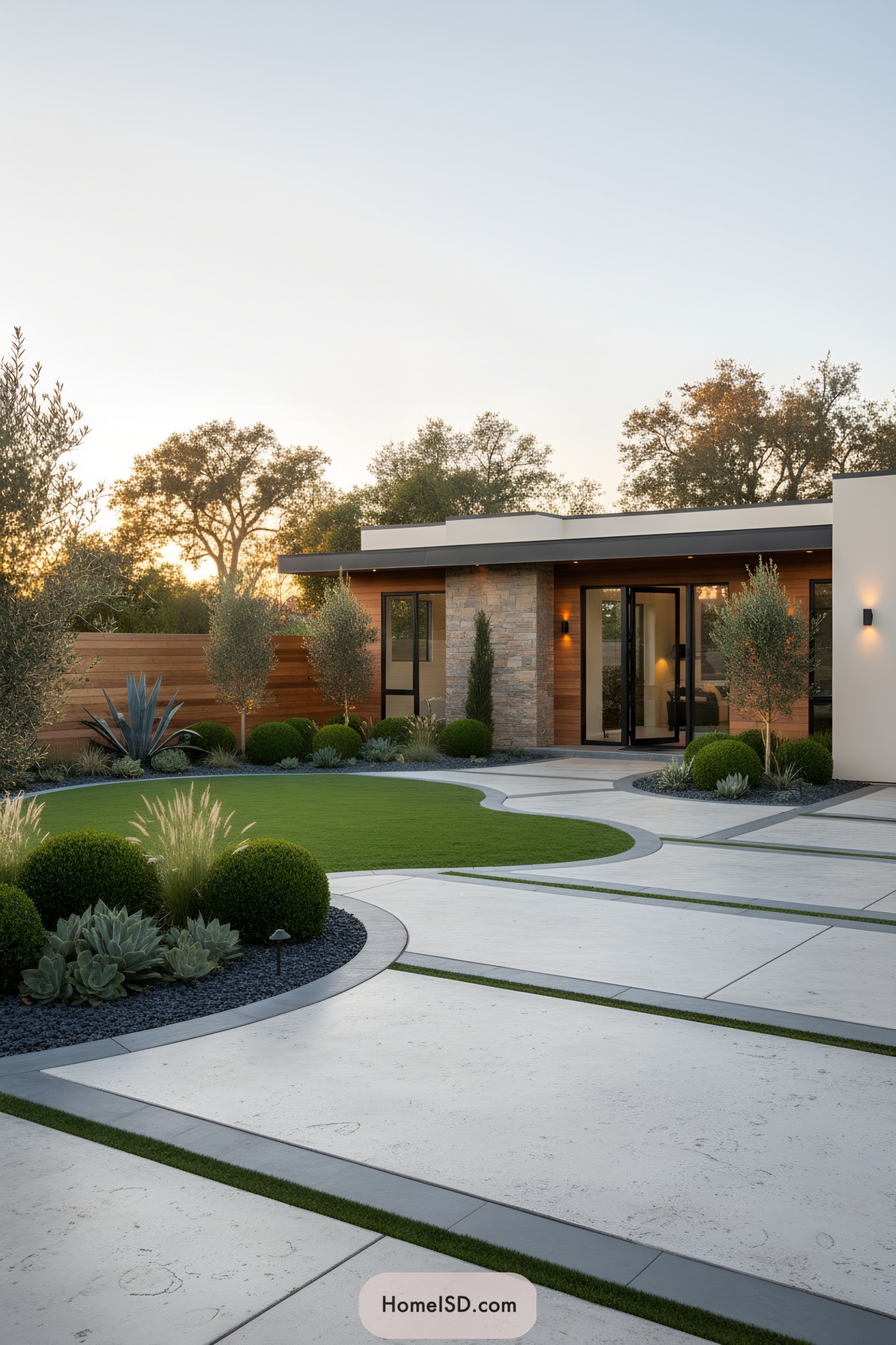 Modern courtyard with curved concrete paths and manicured drought-tolerant plantings