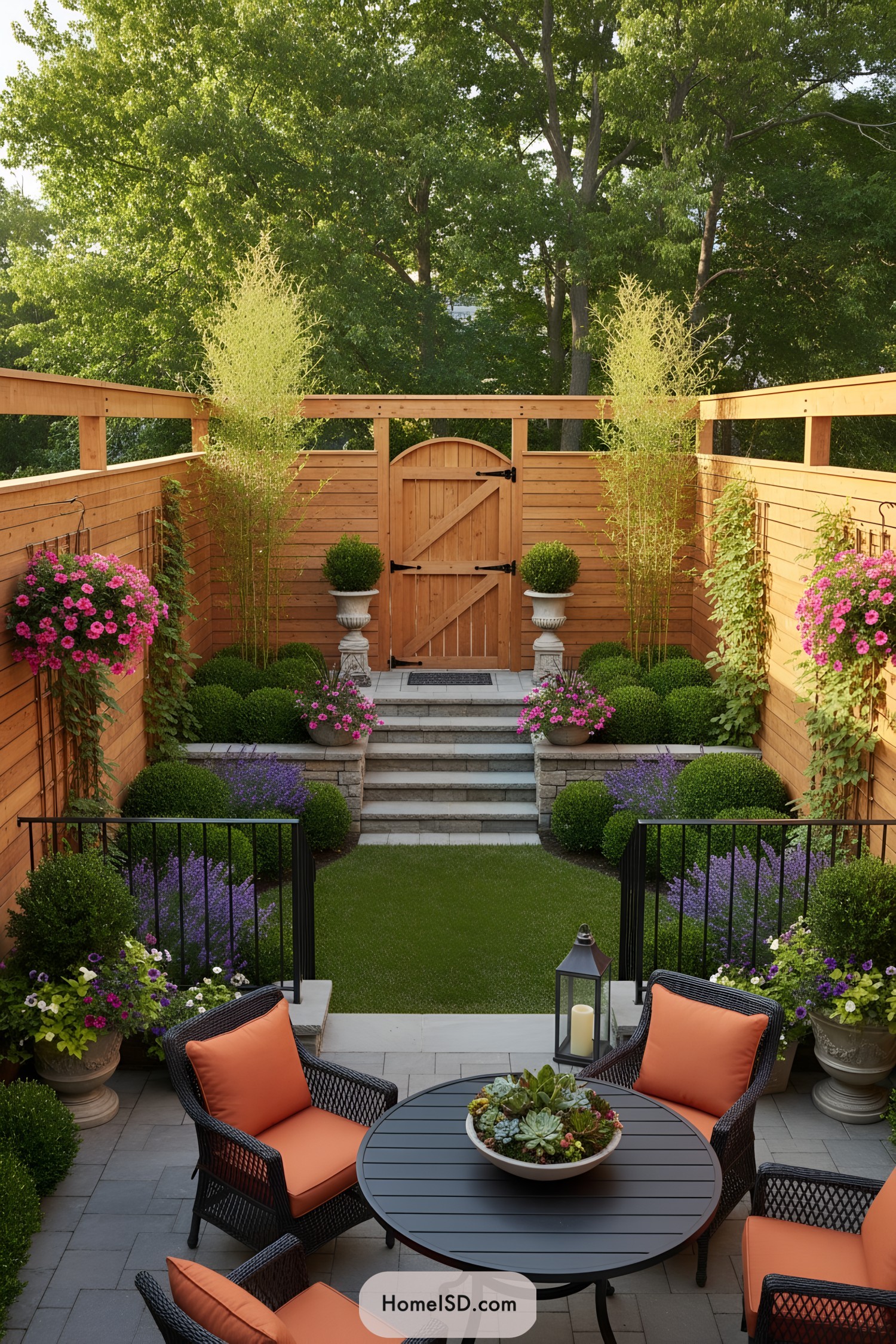 Intimate cedar courtyard with tiered steps, manicured hedges, and a cozy patio set