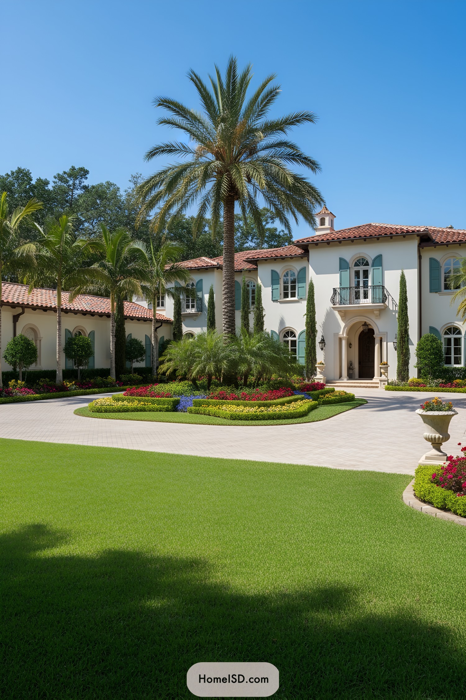 Grand driveway with palm centerpiece and formal flower beds