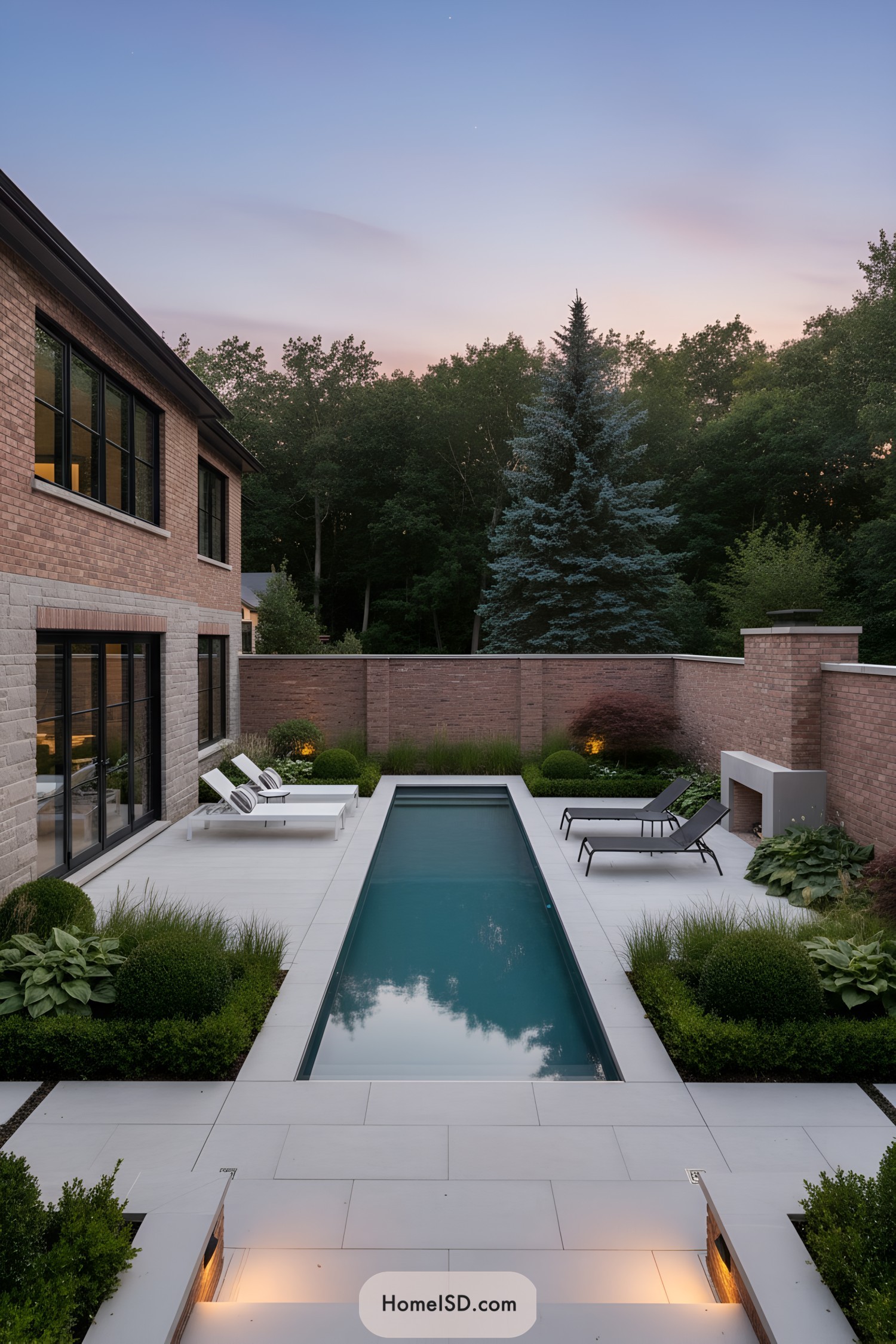 Narrow lap pool courtyard with brick walls and modern loungers