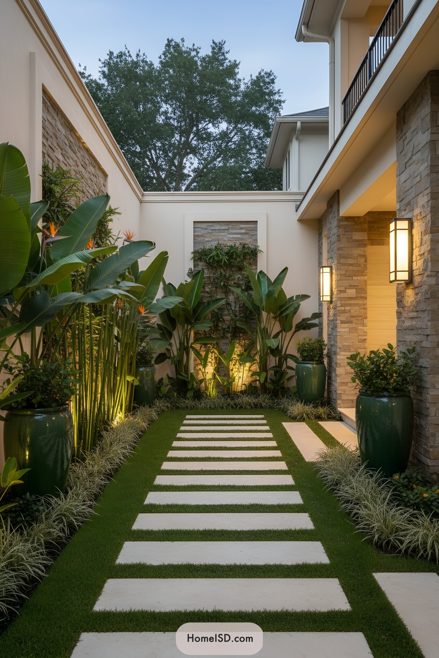 Narrow courtyard with stepping stones and lush tropical plants