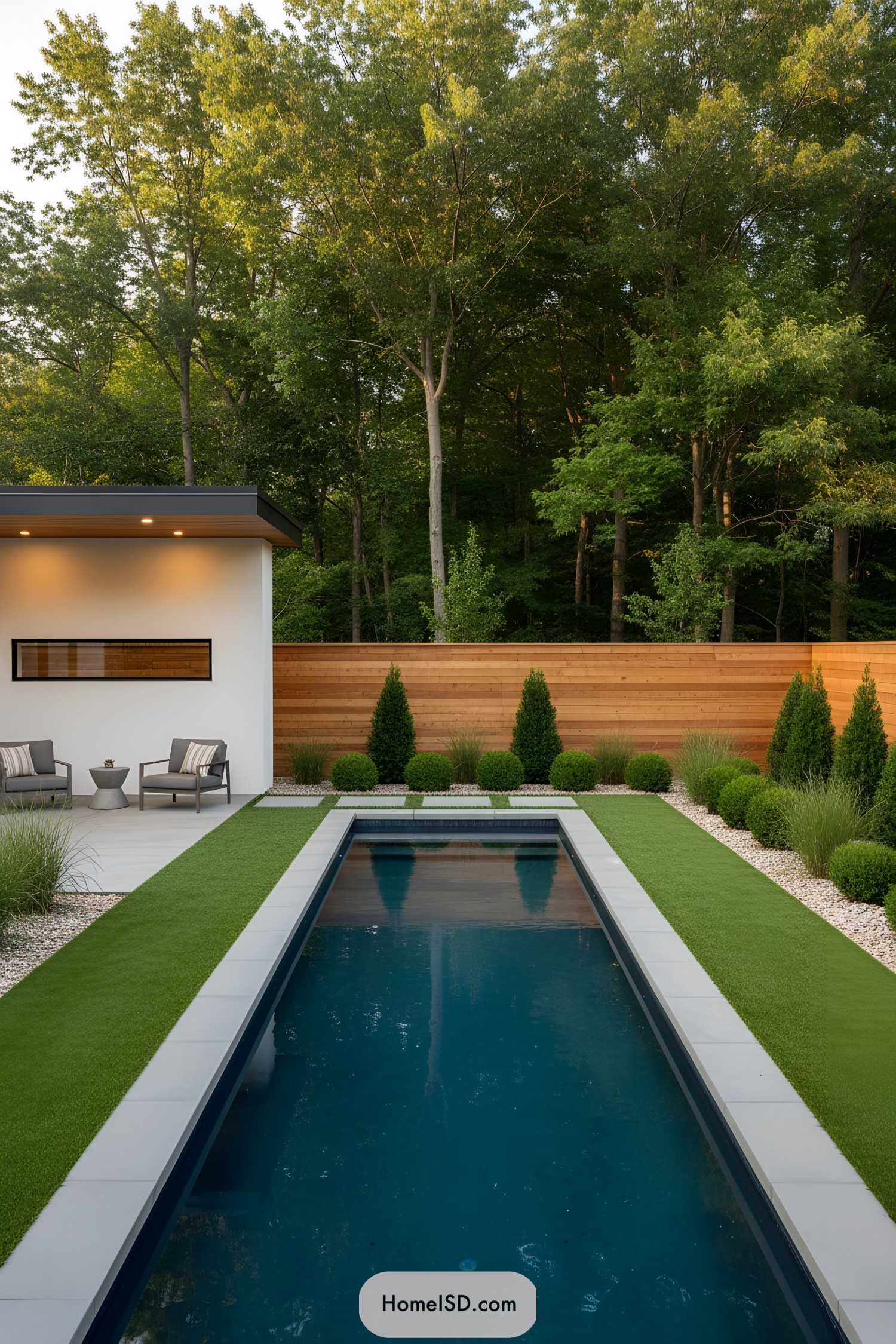 Rectilinear lap pool with manicured hedges