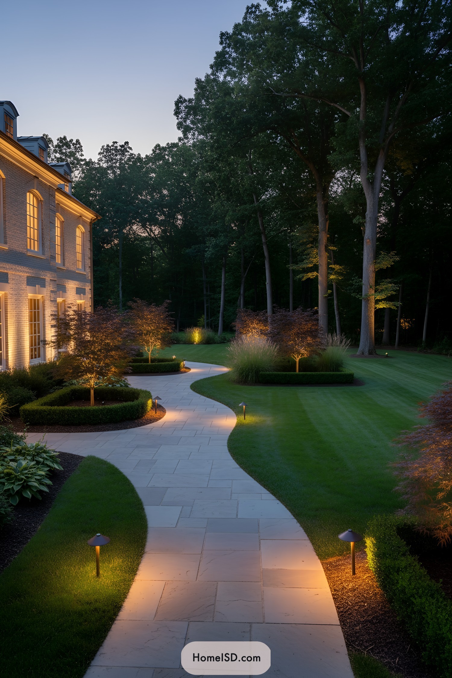 Curving stone path with warm landscape lighting at dusk