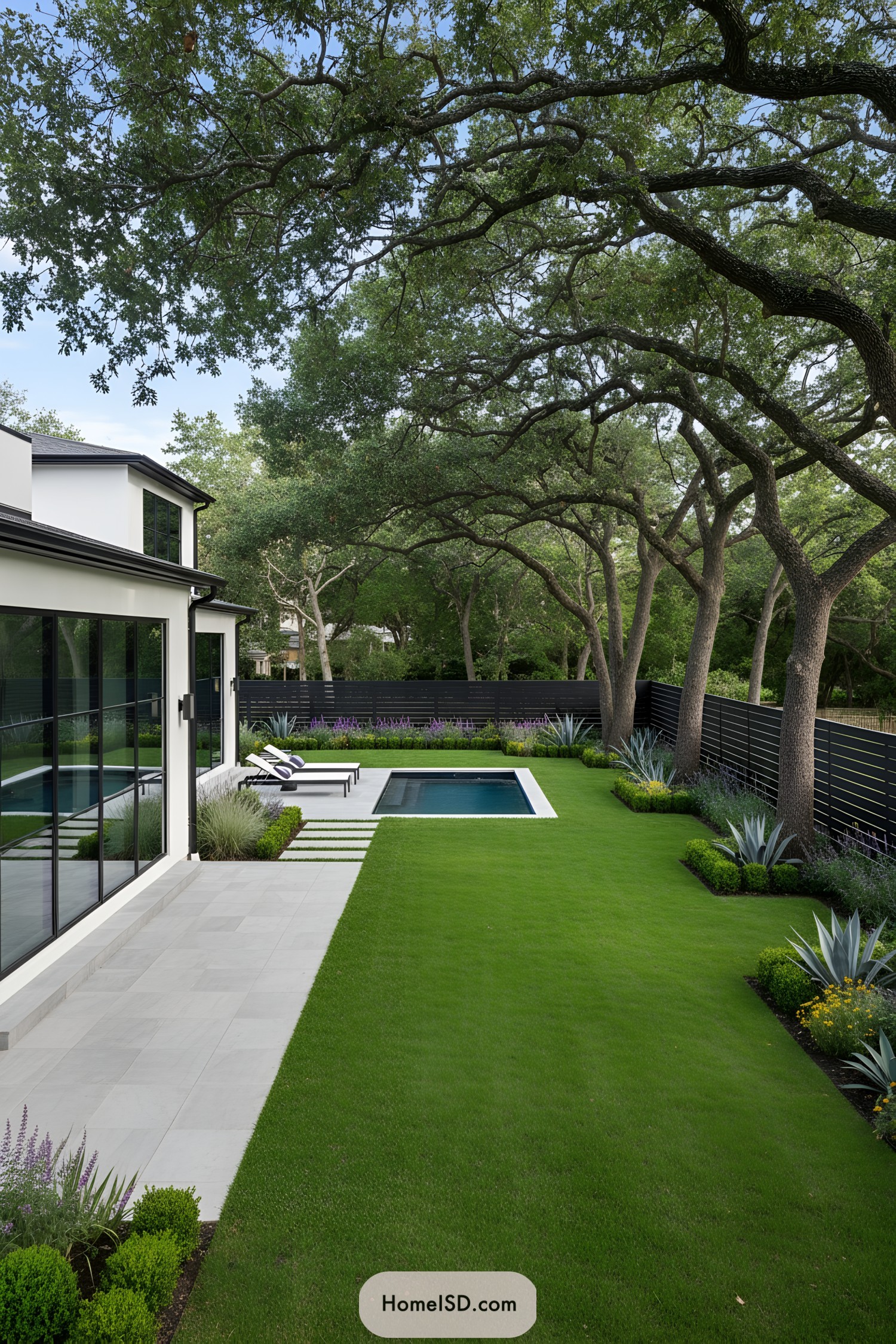 Modern yard with oak trees, lap pool, sleek patio, and manicured plantings