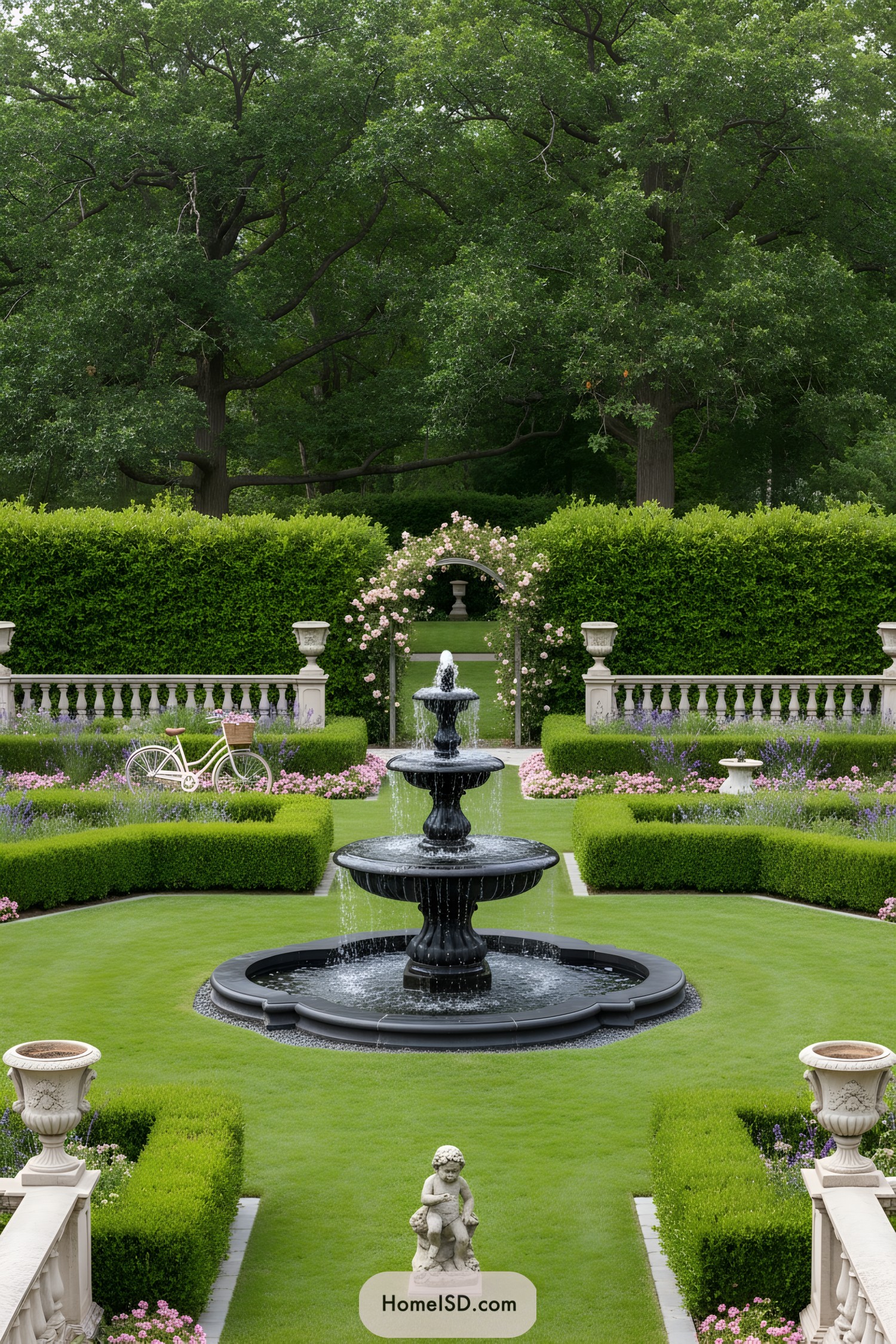 Tiered black fountain amid manicured hedges, formal balustrades, and a rose-draped arbor